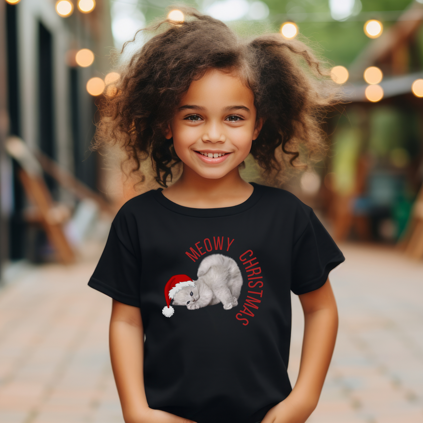 Unisex youth Christmas shirt with a festive gray kitten in a Santa hat. The Meowy Christmas design makes it ideal for family holiday outfits, sibling matching sets, and cat lovers. Featuring sizes S–XL, this soft holiday graphic tee is great for kids' Christmas events, gift-giving, and cozy winter wear. The playful kitty graphic adds charm to holiday photos, school celebrations, and seasonal traditions.