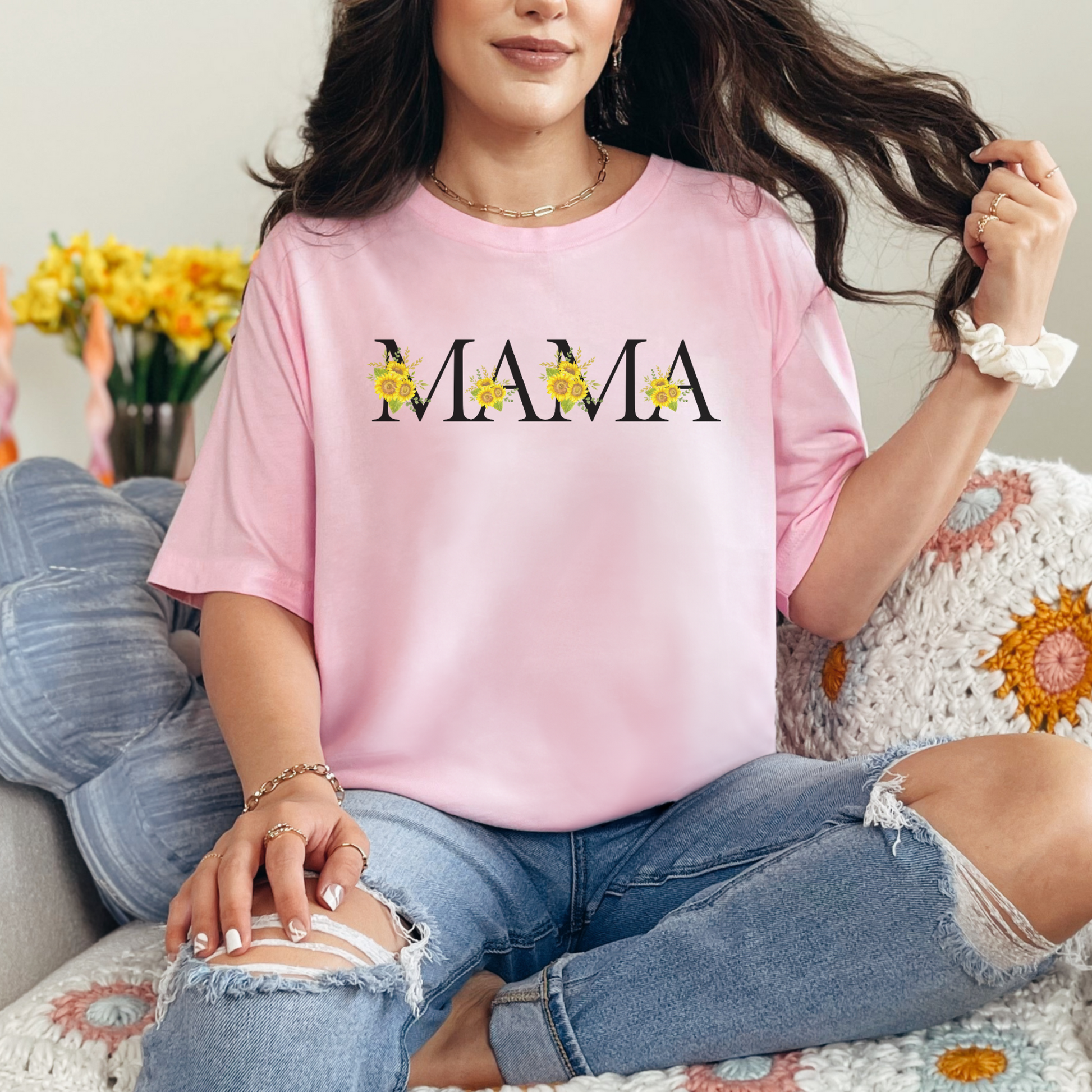 Image: MAMA sunflower tshirt, available in white, light pink and ash. This pullover crewneck features the word MAMA in large black block letters with sunflower calligraphy accent. A great baby announcement gift or Mothers day present by jaecrece