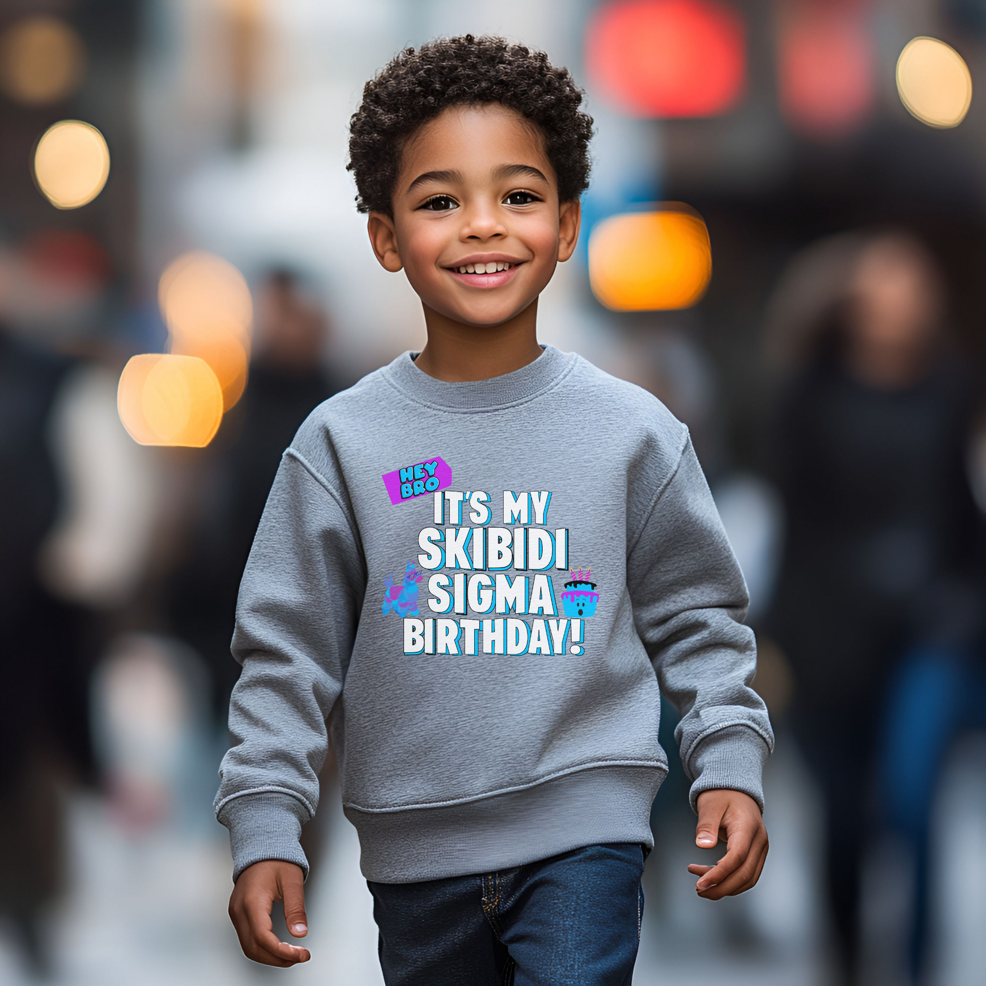 This Skibidi Sigma birthday sweatshirt for kids says “Hey Bro! It’s my Skibidi Sigma Birthday!” in a bold, fun font perfect for meme-loving boys, girls, tweens, and teens. Ideal for fans of viral internet humor, this cozy pullover is available in Black, Navy, Sport Grey, and White. It's a perfect gamer birthday sweatshirt, party outfit, or Skibidi Toilet-inspired birthday gift for kids who love rizz, bruh moments, and Sigma energy.