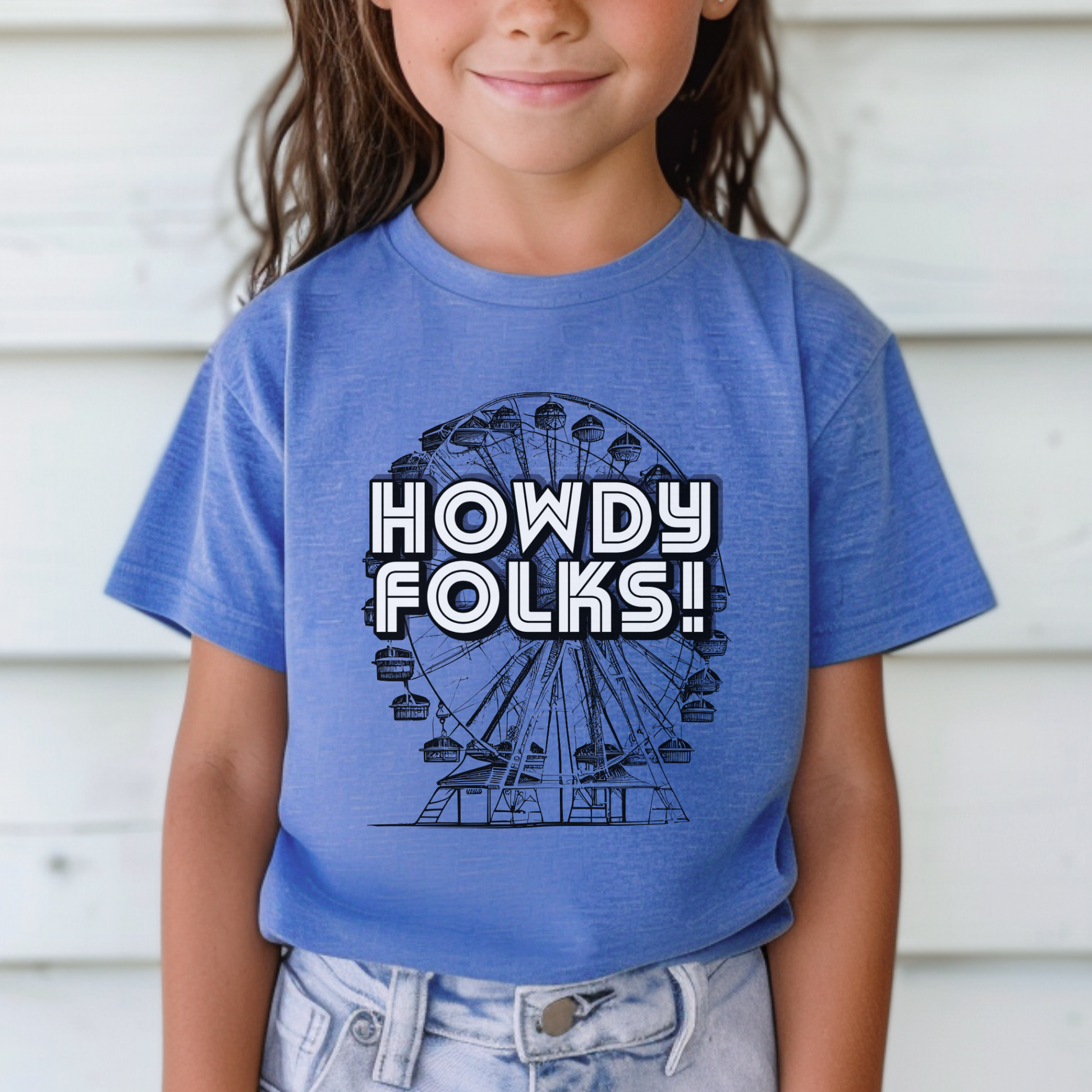 Image: A vintage inspired fair t shirt with a bold ferris wheel and Howdy Folks, perfect for state and county fairs. This stylish and comfortable tee is great for carnival lovers, amusement park trips, and livestock show fans. Available in five colors and both adult and child sizes, making it ideal for family matching outfits. A great gift for anyone who loves state fairs in Texas, Iowa, or Minnesota and enjoys celebrating fair season, by jaecrece.