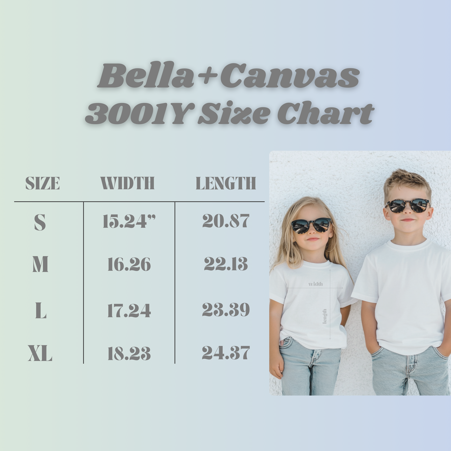 Bella Canvas 3001Y Size chart, for child sizes S, M, L and XL.