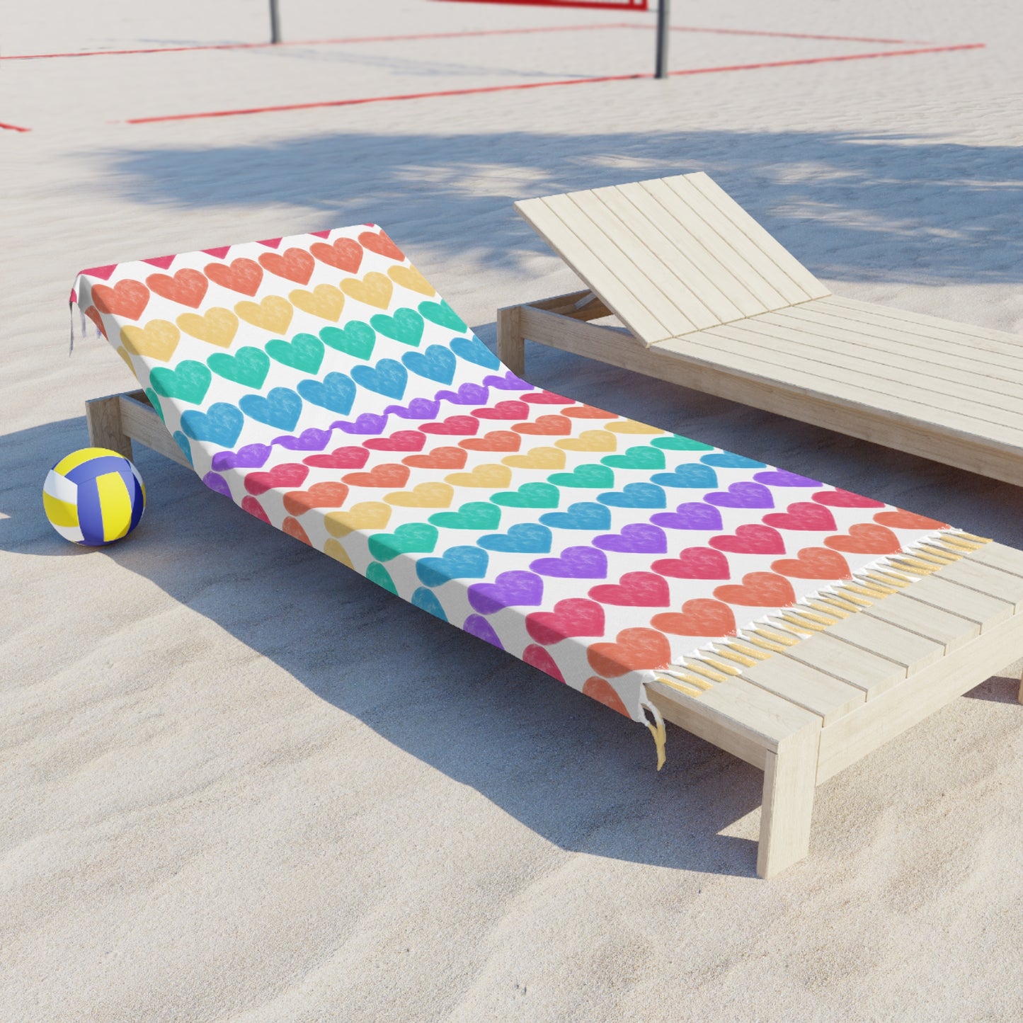 Image: The Rainbow Hearts Beach Cloth exudes happiness and love. It features a repeating pattern of rainbow hearts with fringe tassels. It makes a great lgbtq gay wedding gift, by jaecrece