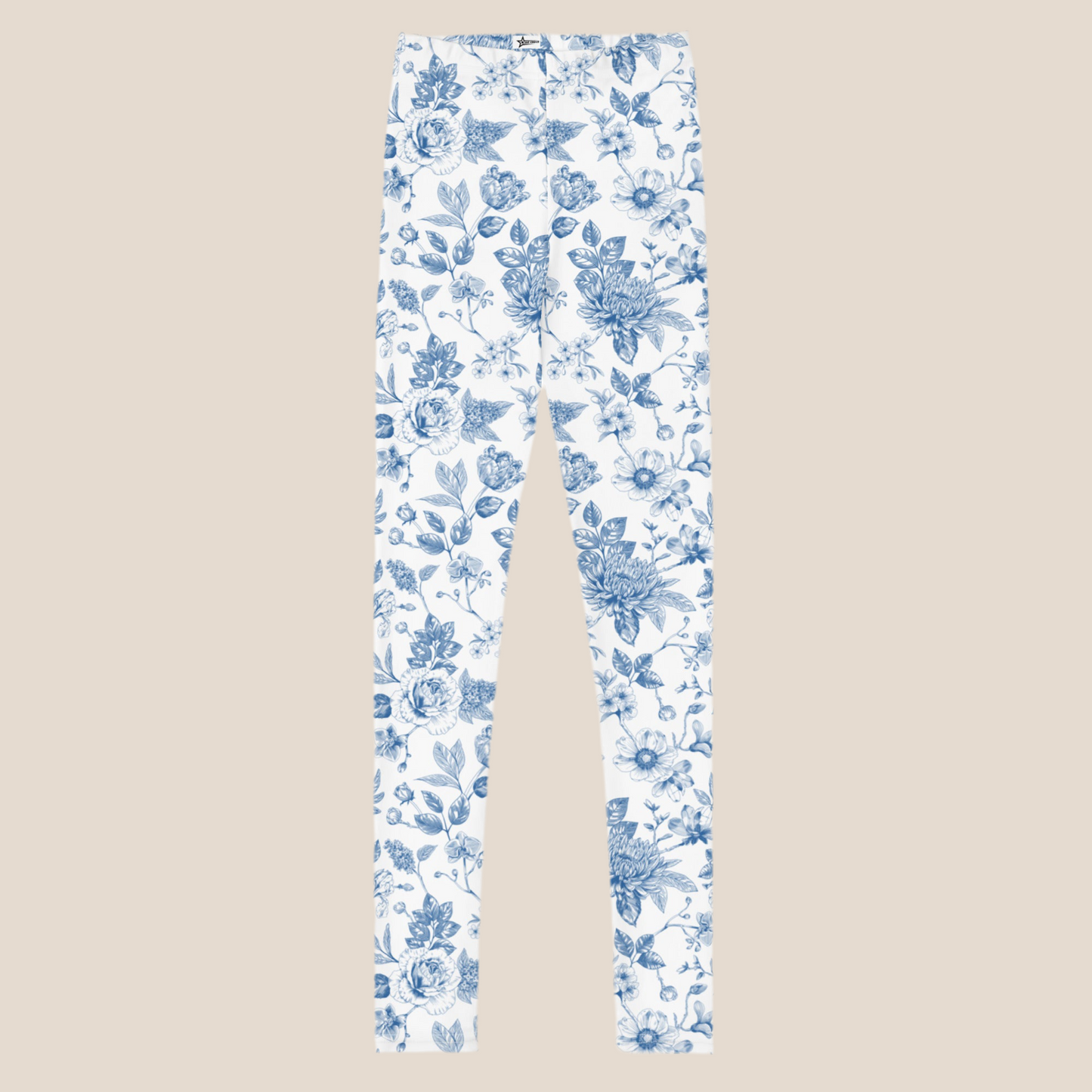 Image: Elegant blue toile leggings for girls, tweens, and teens in youth sizes 8 to 20. These leggings feature a soft and stretchy fabric with a charming vintage floral toile design. Perfect for fashion-conscious kids who enjoy classic prints with a modern feel. Ideal for holidays, school days, or coordinated family photo outfits with siblings or mom, by jaecrece.