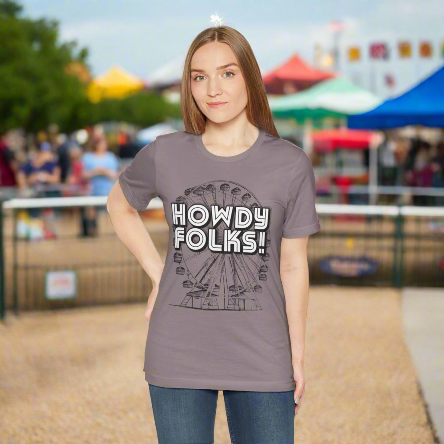 State Fair of TEXAS "Howdy Folks!'  adult shirt. This unisex tee features a retro graphic of a ferris wheel with the words Howdy Folks in large block letters. by jaecrece