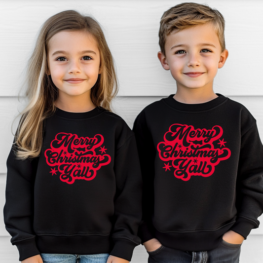 Festive youth Christmas sweatshirt with "Merry Christmas Y’all" in bold red script, perfect for school parties, Christmas card photos, or matching family outfits. Made from soft, pre-shrunk cotton blend fabric, this cozy pullover adds southern charm to your holiday celebrations. Great for kids’ Christmas gifts or comfy seasonal wear.