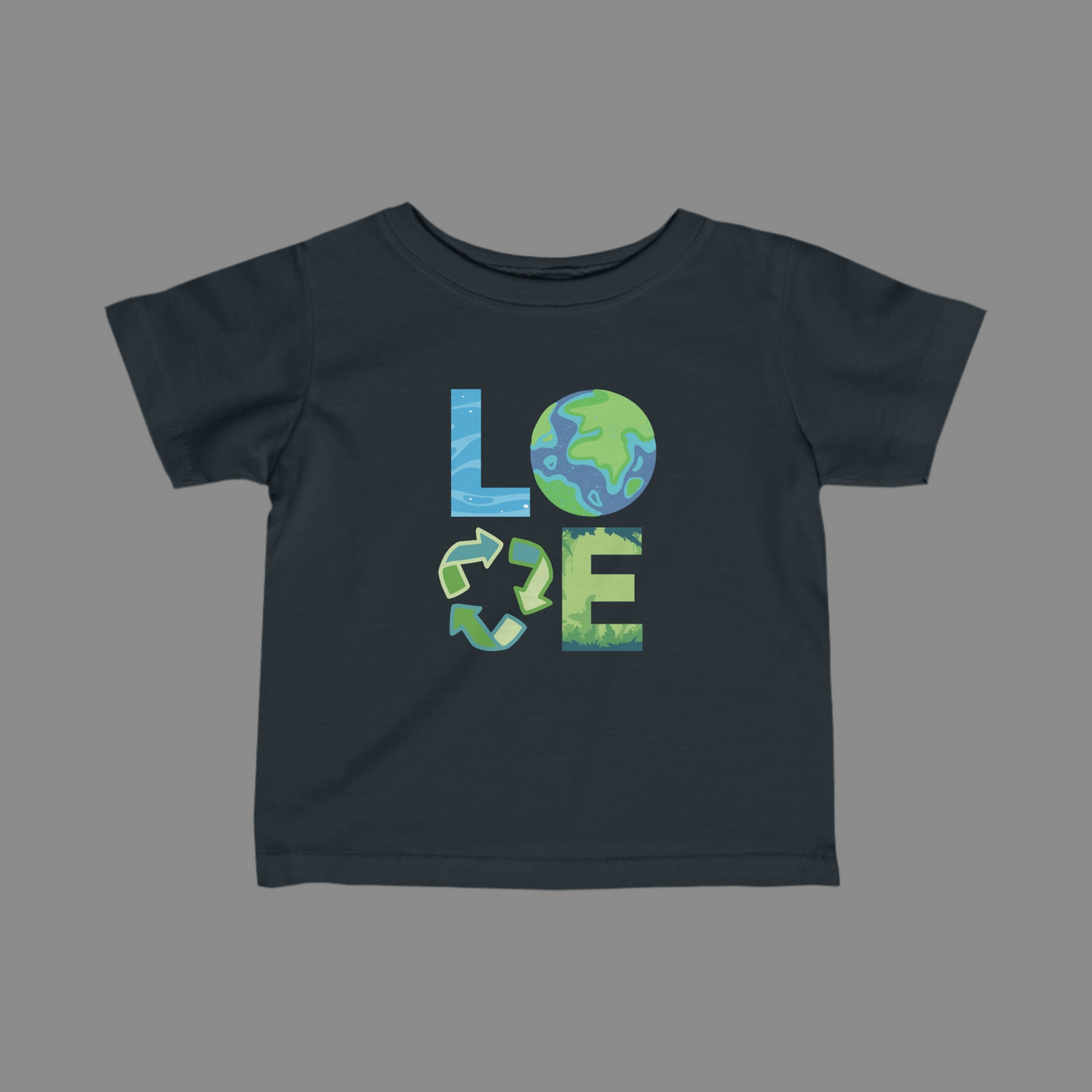 Image: LOVE Earth Black Tie Dye Toddler & Infant Tshirt, perfect for Earth Day, the letters in LOVE represent our planets oceans, Mother Earth, Reduce, Reuse Recycle, our plants and trees. This graphic is printed on a blue tie dye crewneck sweatshirt, by jaecrece