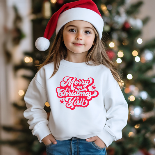 Cozy and cheerful, this kids Christmas sweatshirt features a red "Merry Christmas Y’all" design on a soft Gildan 18000B pullover. Ideal for holiday school events, family parties, and matching Christmas outfits. This unisex youth sweatshirt blends comfort and festive style, making it a must-have for the season.