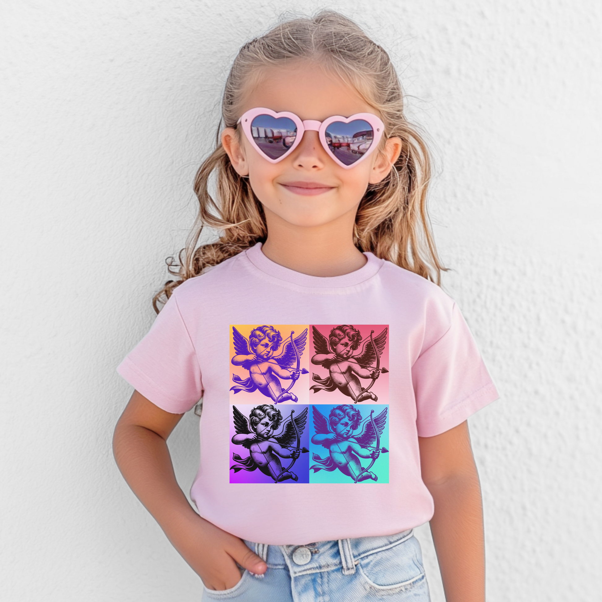 This kids' Cupid Pop Art tee brings a bold retro aesthetic to everyday wear with a celestial Cupid floating in dreamy clouds. The vintage-meets-modern graphic pairs beautifully with soft girl tones—pink, white, and black—making it perfect for stylish kids. Ideal for Valentine’s Day or artsy year-round looks, this shirt is available in sizes S–XL and is part of a matching family set with toddler and adult sizes.