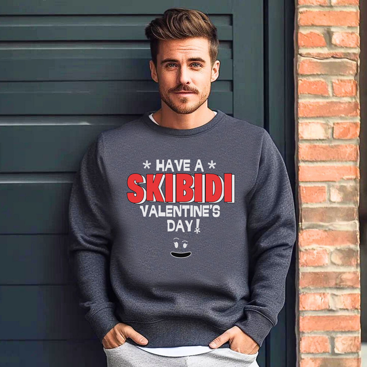 Men’s Skibidi Valentine’s Day sweatshirt in black or dark heather featuring the viral phrase “Have a Skibidi Valentine’s Day!”—perfect for dads into memes, gaming humor, and internet culture. A cozy fleece pullover in sizes S–5XL made for matching father-son outfits. Great gift for gamer dads who love Skibidi toilet jokes, Rizz humor, and viral trends. Regular fit, OEKO-TEX certified, and ideal for funny Valentine’s celebrations with your favorite little gamer.