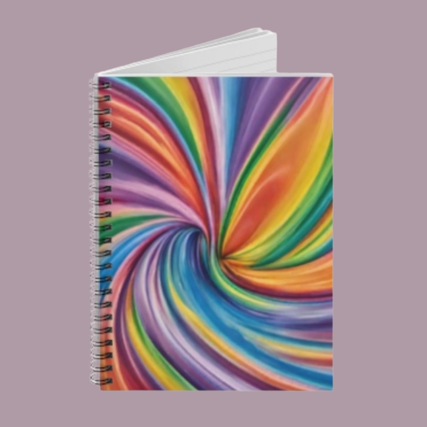 Abstract rainbow swirl journal with ruled pages and spiral binding, designed for students, writers, and creatives who love bold, colorful stationery. The psychedelic rainbow cover adds a fun, expressive touch to your desk, making this lined notebook a go-to choice for back-to-school supplies, Pride gifts, or daily journaling. Durable construction and portable 6x8 size make it perfect for on-the-go notes.