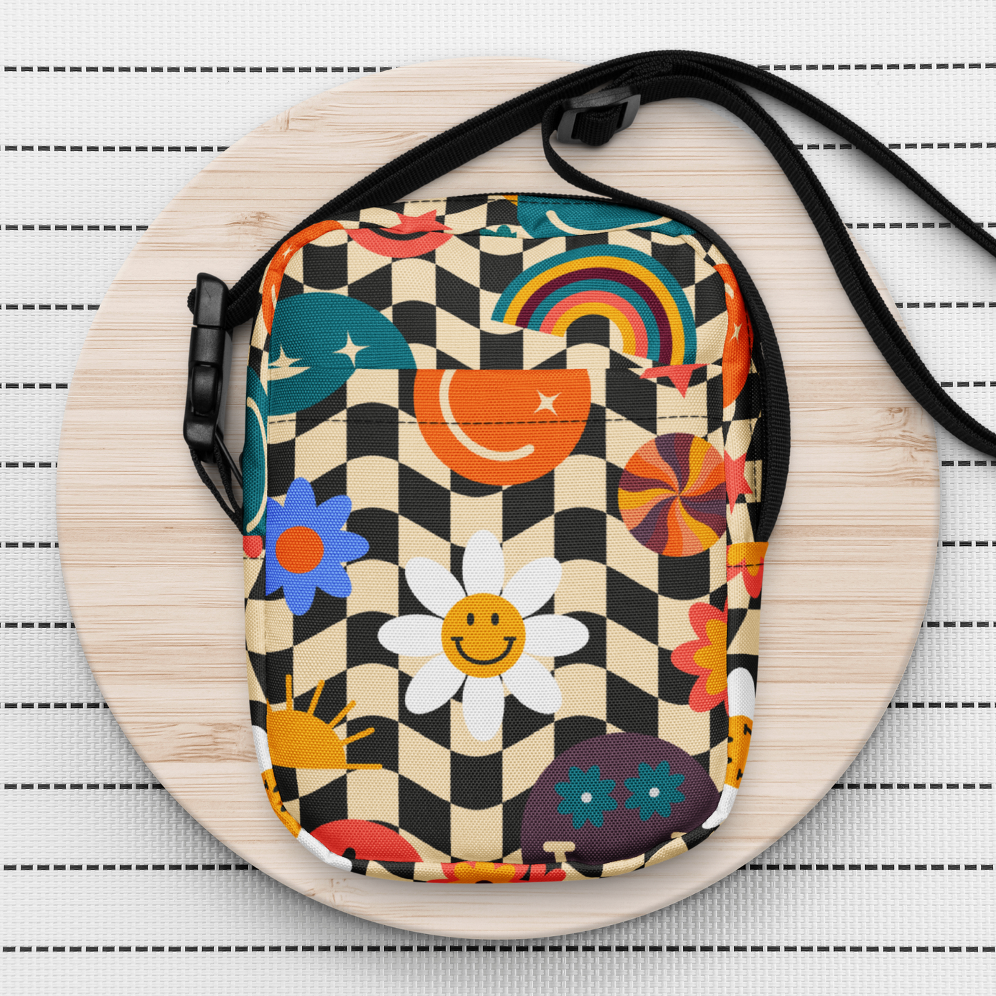 Image: This small canvas tote bag features a trendy checkerboard pattern with a happy smiley face design, perfect for teens and tweens looking for a stylish and functional crossbody purse. With bright retro vibes and a compact size, it is ideal for carrying essentials like phones, keys, and wallets. Whether used as a small camera bag, waist pack, or everyday tote, this cheerful accessory is a great birthday or holiday gift, by jaecrece.