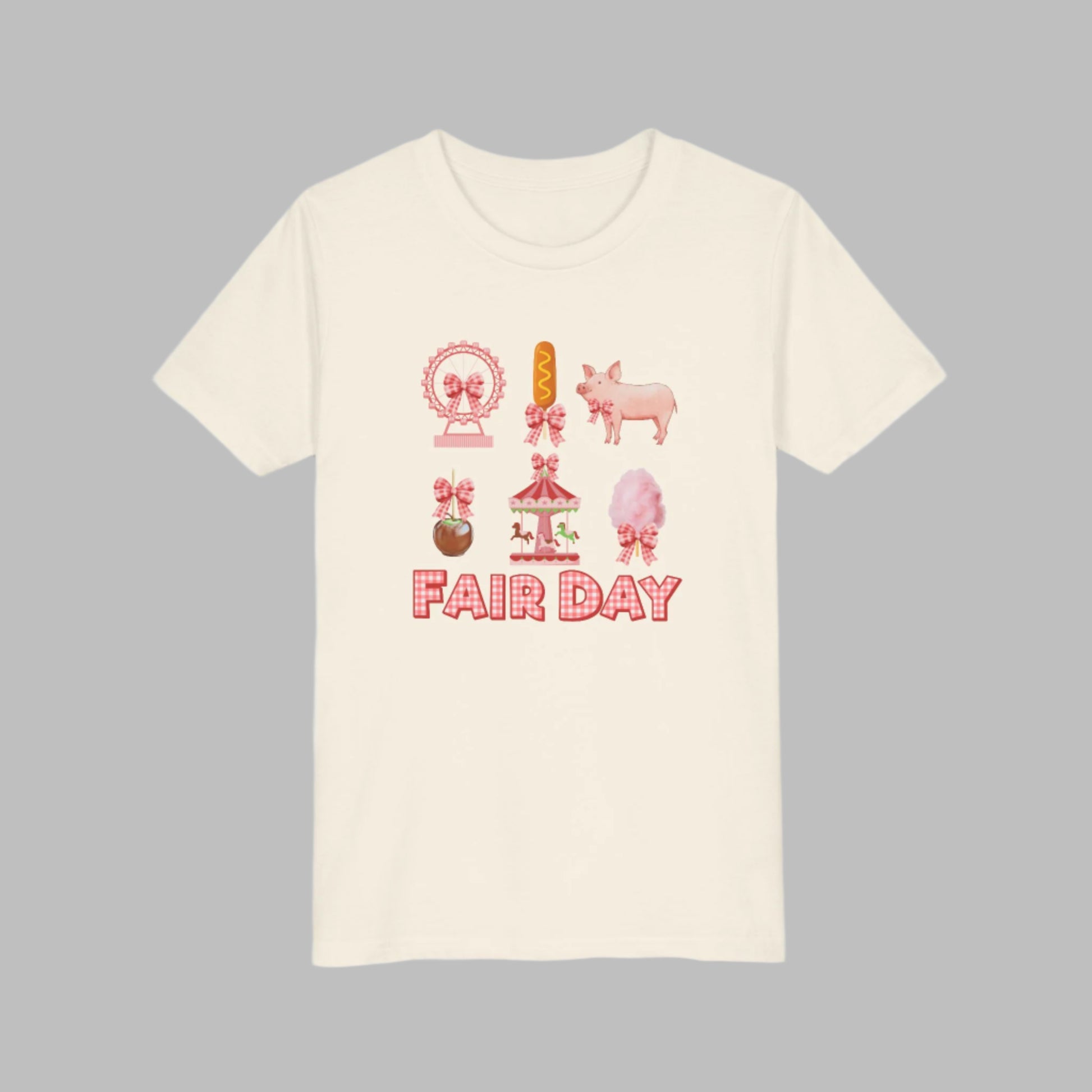 Image: A playful Fair Day graphic tee with red and white gingham lettering, designed for fair lovers of all ages. Featuring a collage of fair inspired images including a pig, Ferris wheel, caramel apple, and corndog, this shirt brings the fun of the fair to life. Designed with a soft girl coquette look, it is perfect for family matching outfits at the state fair, livestock shows, or carnival themed birthday parties, available in toddler, girl, and women’s sizes, by jaecrece.