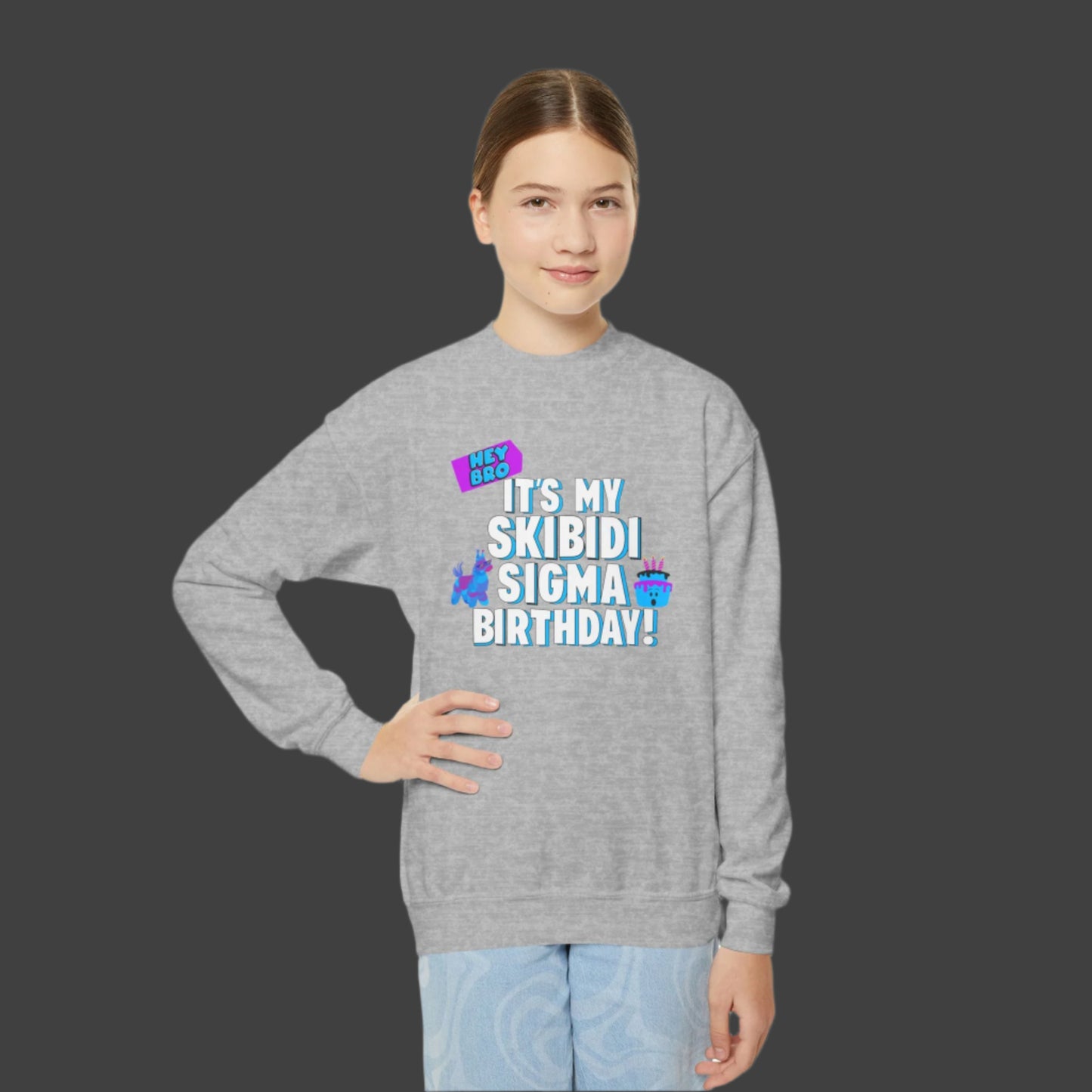 Image: Skibidi Sigma Birthday shirt for Boys and Girls. This tshirt says Hey Bro, its my Skibidi Sigma Birthday with a llama pinata and a birthday cake, by jaecrece