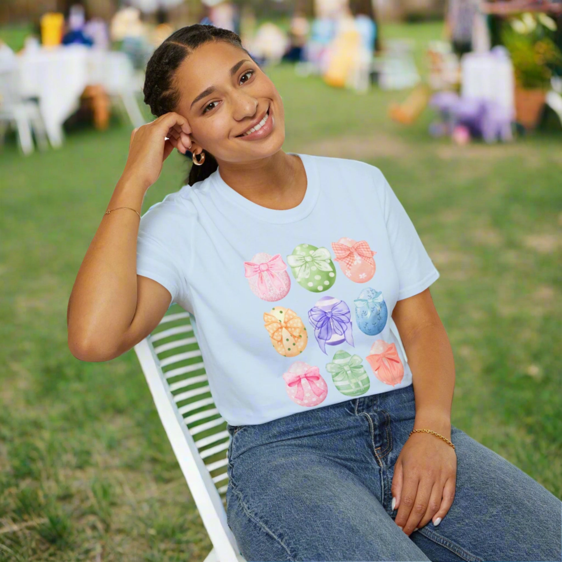 Image: Easter egg tshirt with coquette bows for women. This tee makes a great Easter basket gift, or the perfect outfit for Easter celebrations, by jaecrece