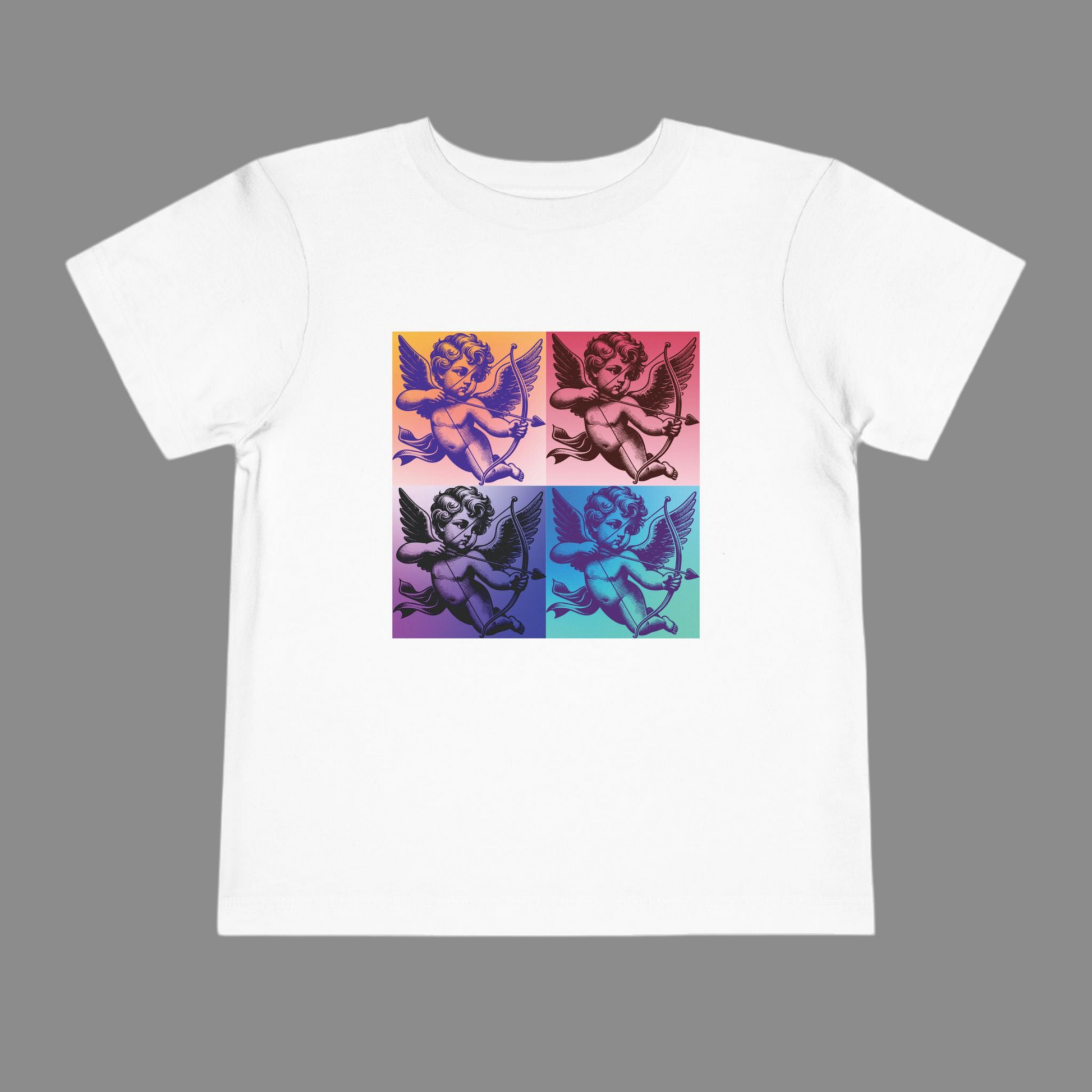 Let your toddler express their playful side with this Pop Art Cupid T-shirt. Featuring a whimsical, vintage-inspired Cupid graphic, this tee comes in sizes 2T-5T and colors Black, White, and Pink. The super-soft fabric ensures comfort, while the fun design adds a pop of retro flair. Perfect for casual wear, family matching, or celebrating Valentine's Day, this t-shirt is a must-have for little ones who love artsy and expressive fashion.