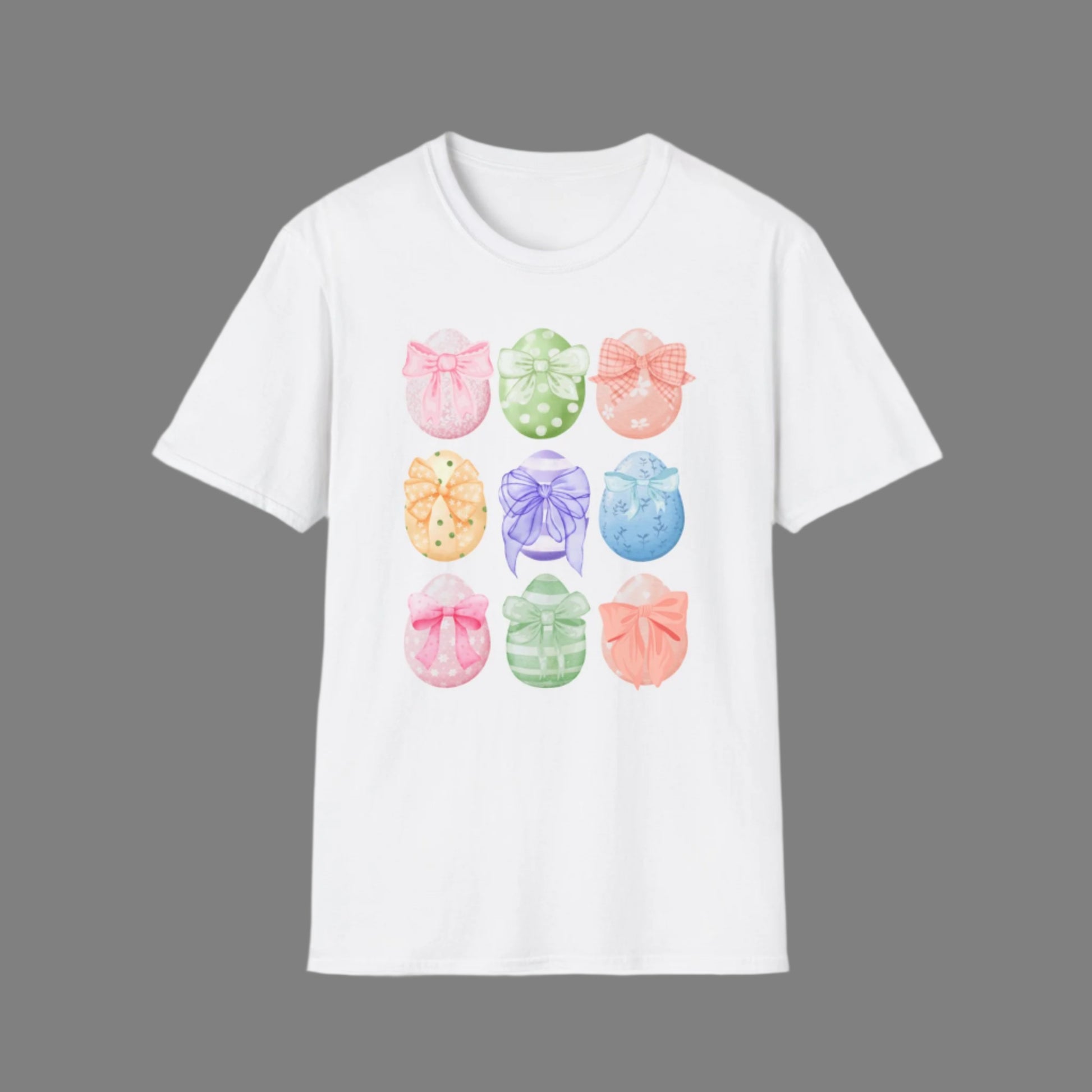 Image: Easter egg tshirt with coquette bows for women. This tee makes a great Easter basket gift, or the perfect outfit for Easter celebrations, by jaecrece