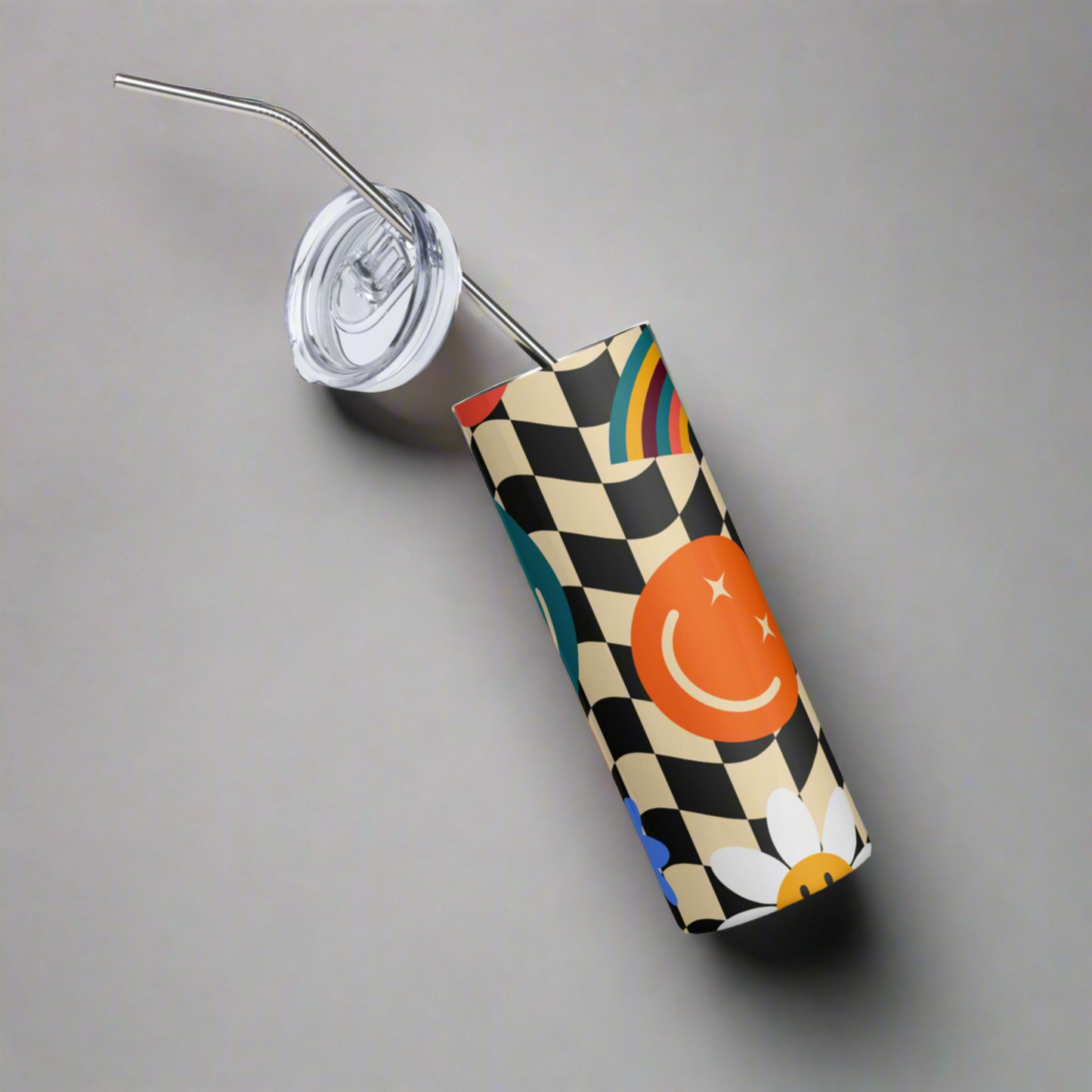 Smiley Face Checkerboard 20 oz Stainless Steel Tumbler, created with a fun black and tan checker pattern with rainbows, smiley faces and daisies, by jaecrece.com