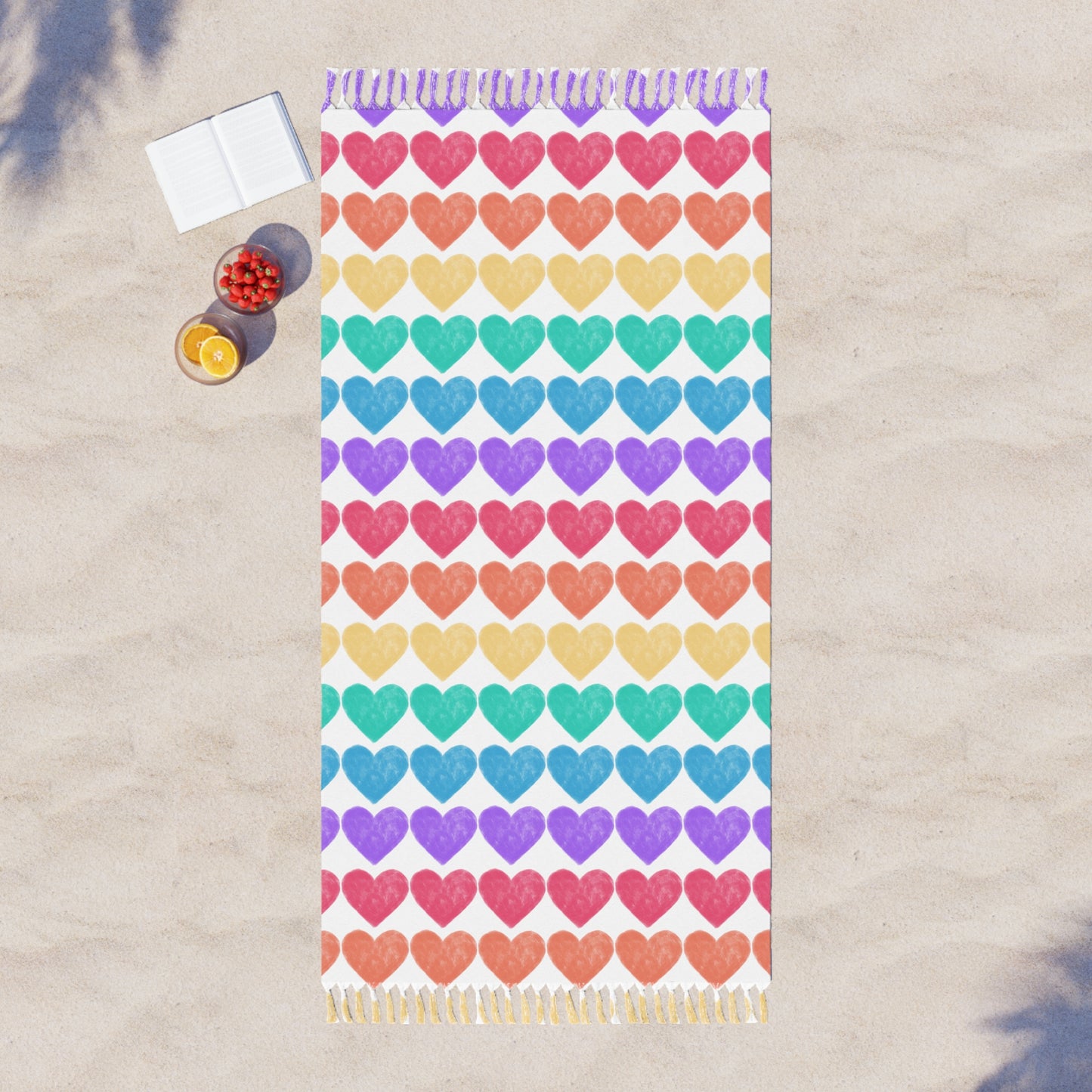 Image: The Rainbow Hearts Beach Cloth exudes happiness and love. It features a repeating pattern of rainbow hearts with fringe tassels. It makes a great lgbtq gay wedding gift, by jaecrece