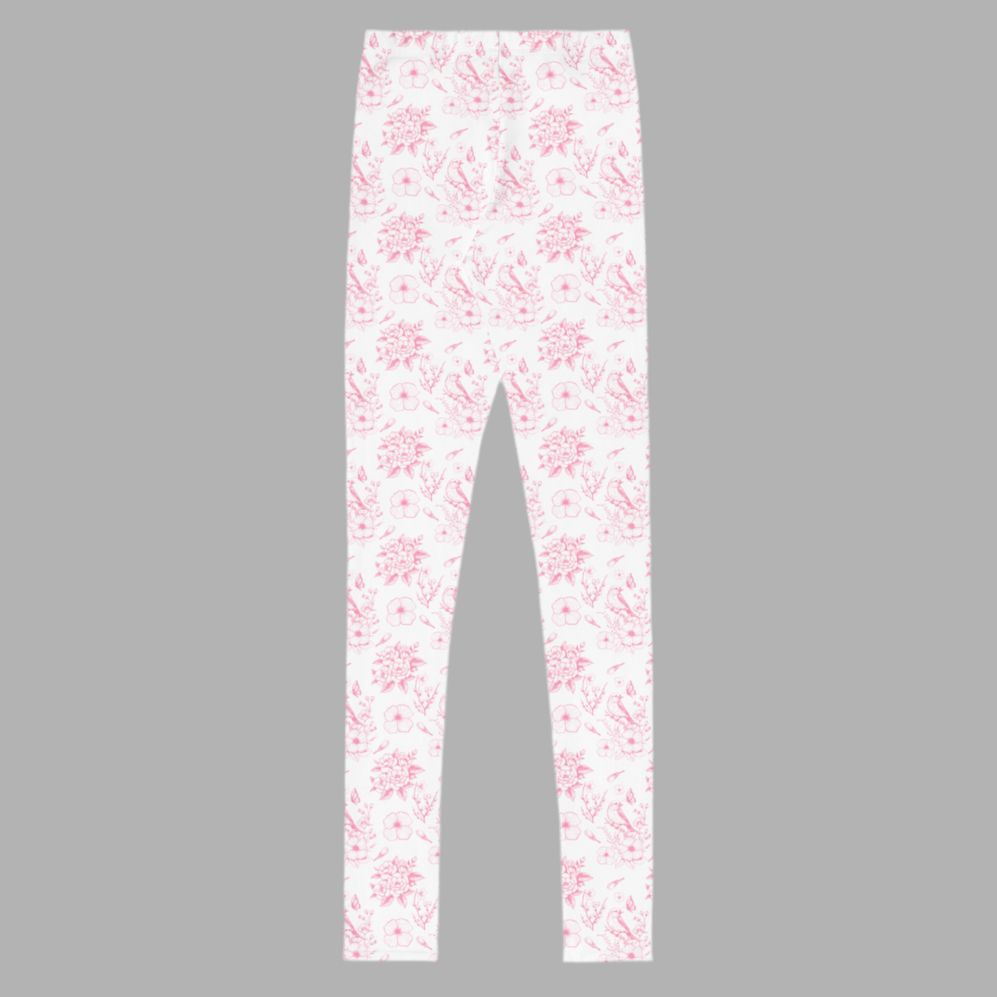 Image: Delicate pink toile leggings for tweens and teens who enjoy vintage floral patterns and soft spring colors. Designed for comfort and ease of movement, these youth leggings are ideal for casual wear, Easter outfits, or family matching moments. Sizes range from 8 to 20, offering a perfect fit for growing girls who want both style and comfort in one look, by jaecrece.