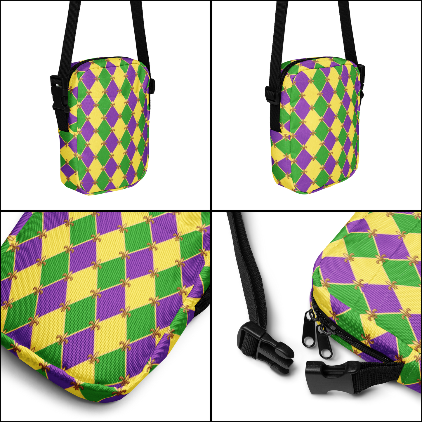 Compact Mardi Gras sling bag with iconic purple, green, and yellow harlequin checkerboard print. Worn as a hip bag, crossbody, or mini backpack, this water-resistant tote is ideal for French Quarter parade day or Carnival celebrations in New Orleans. Practical and colorful, it's perfect for carrying essentials in style. Shop coordinating leggings in toddler, tween, teen, and women’s sizes for a full Mardi Gras outfit.