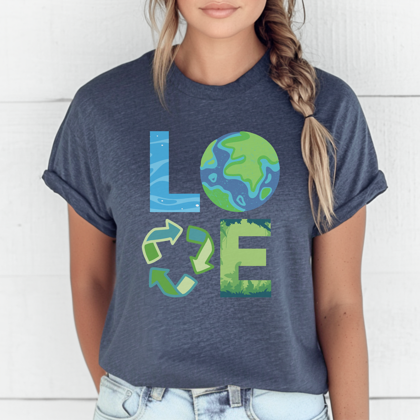 Image: A Love Earth Day shirt designed for kids and adults, featuring bold letters that each symbolize an element of nature. The L resembles flowing water, the O is designed as the Earth, the V represents the reduce reuse recycle symbol, and the E is shaped like plants and trees. This eco friendly tee is perfect for Earth Day celebrations, environmental events, and spreading awareness about sustainability and conservation, by jaecrece.
