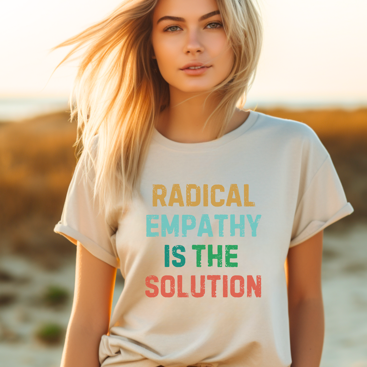 Image: Empower your wardrobe with this radical empathy tee, designed for those who believe in compassion, justice, and inclusion. Made from a soft and breathable fabric, this shirt is ideal for feminists, leftists, and anyone advocating for social change. A great conversation starter, this anti-Trump tee is a meaningful way to stand against MAGA hate while spreading positivity, by jaecrece.