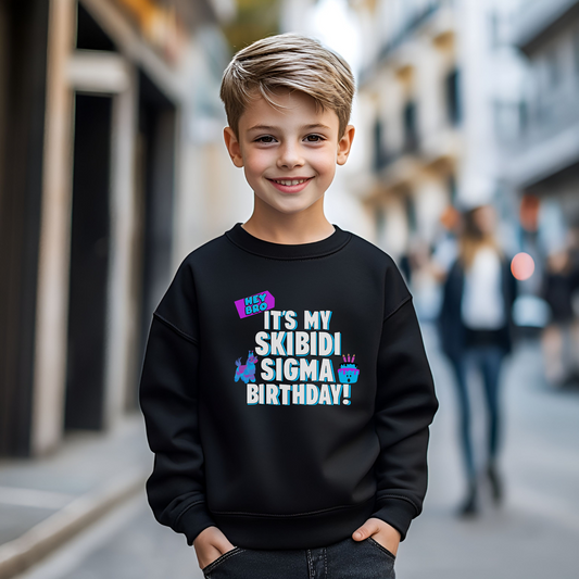 Image: Skibidi Sigma Birthday shirt for Boys and Girls. This tshirt says Hey Bro, its my Skibidi Sigma Birthday with a llama pinata and a birthday cake, by jaecrece
