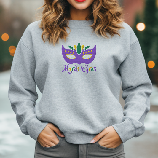 Celebrate in true NOLA style with this Mardi Gras embroidered adult sweatshirt featuring a vibrant purple, green, and gold Carnival mask and bold “Mardi Gras” text. Ideal for French Quarter parades or New Orleans-themed parties, this comfy sweatshirt is perfect for matching family outfits and festive Carnival costumes that capture the magic of Louisiana’s most colorful season.