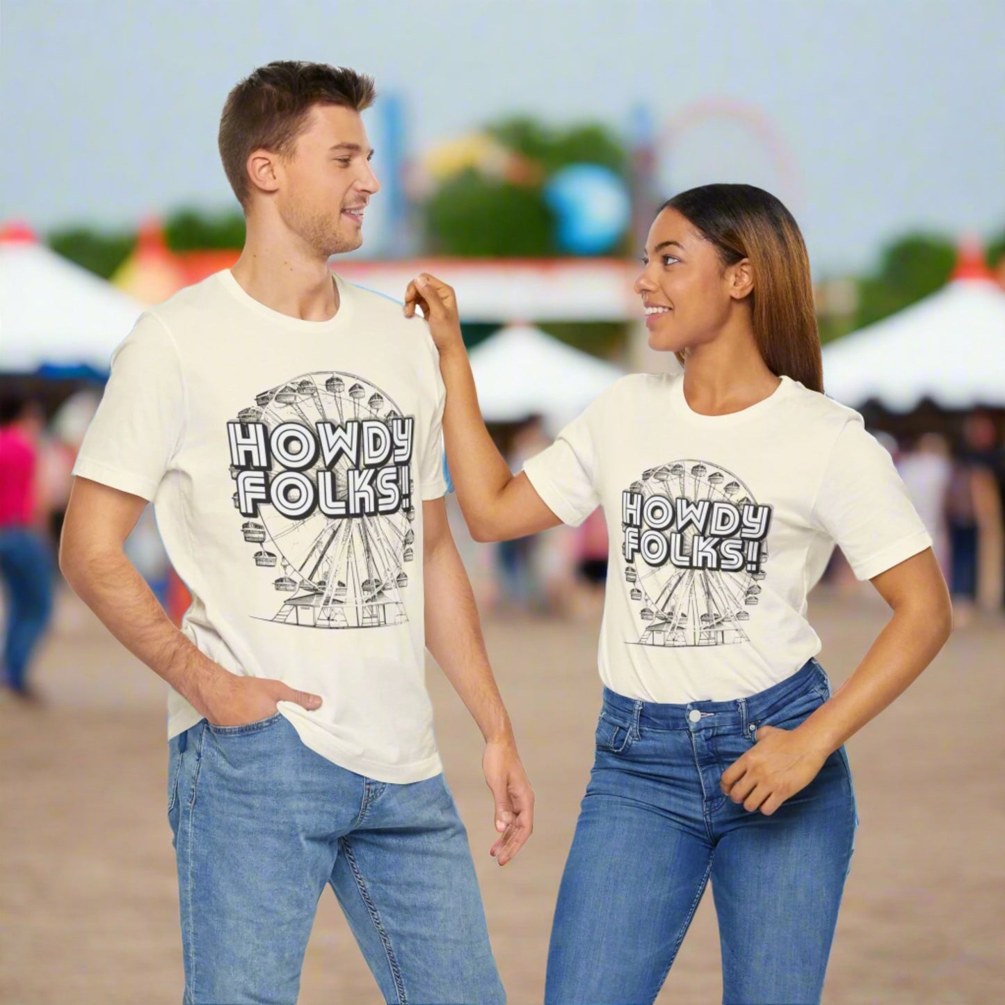 State Fair of TEXAS "Howdy Folks!'  adult shirt. This unisex tee features a retro graphic of a ferris wheel with the words Howdy Folks in large block letters. by jaecrece