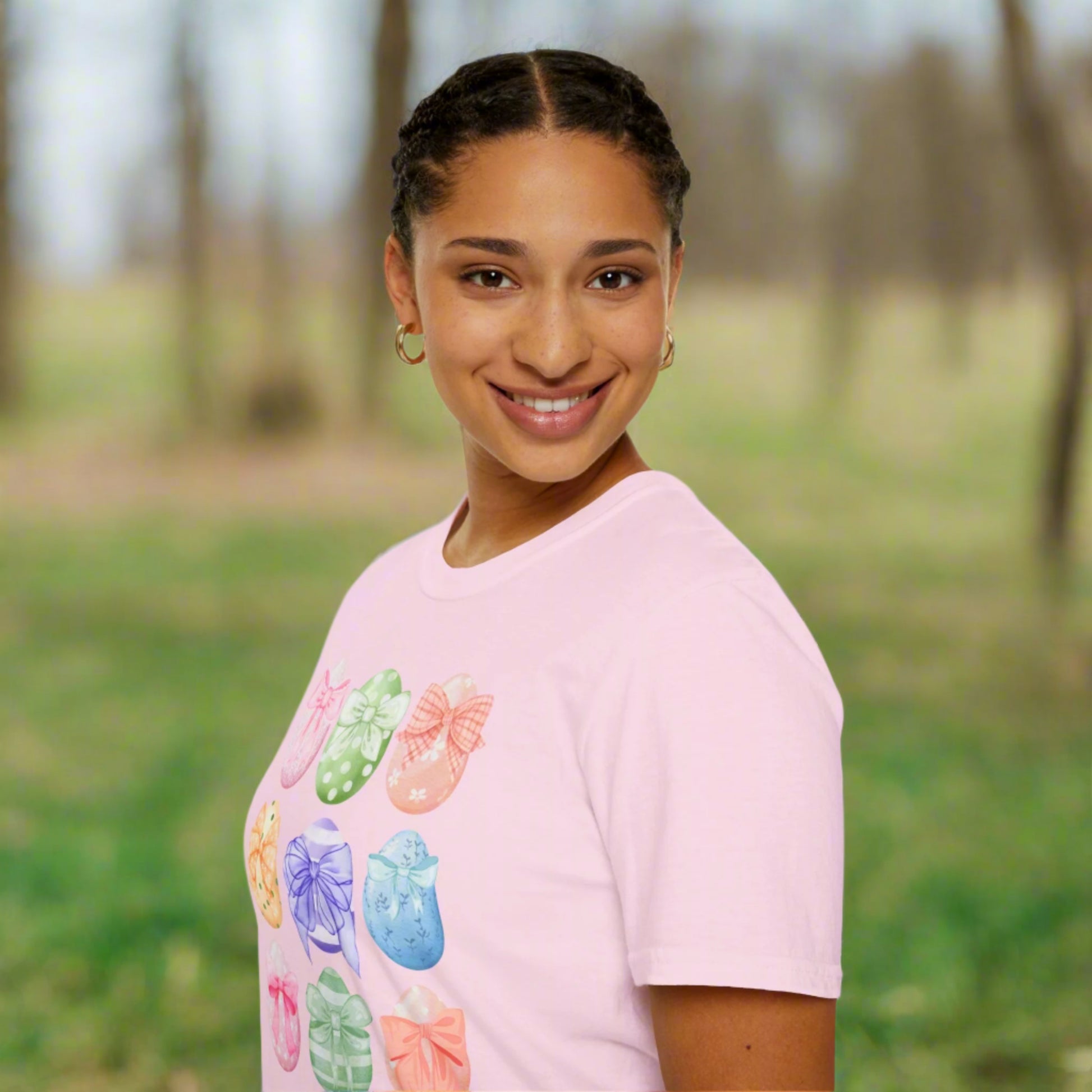 Image: Easter egg tshirt with coquette bows for women. This tee makes a great Easter basket gift, or the perfect outfit for Easter celebrations, by jaecrece