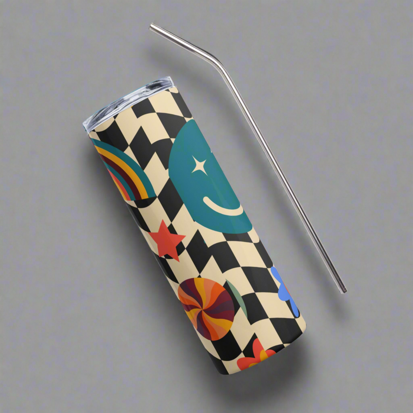 Smiley Face Checkerboard 20 oz Stainless Steel Tumbler, created with a fun black and tan checker pattern with rainbows, smiley faces and daisies, by jaecrece.com