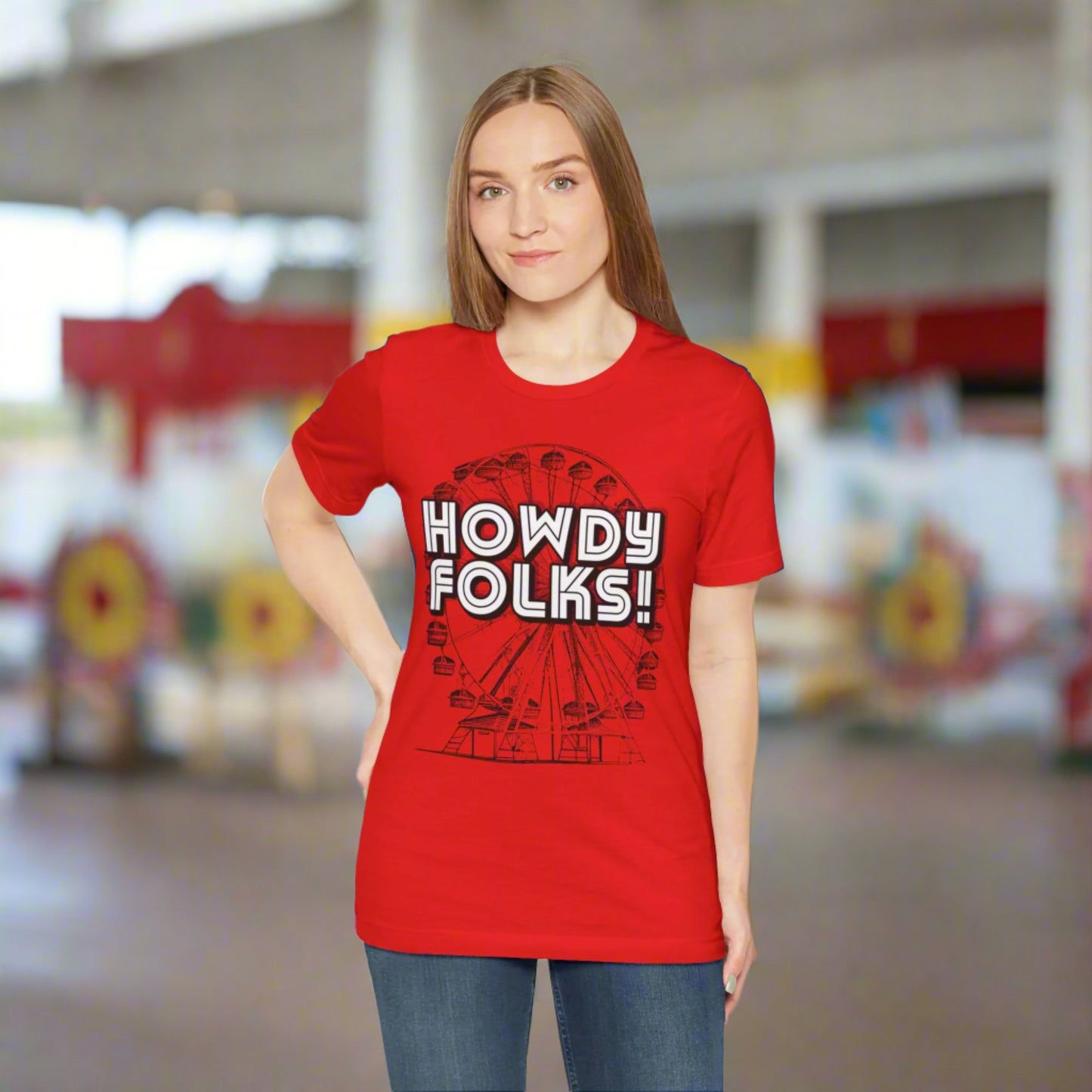 State Fair of TEXAS "Howdy Folks!'  adult shirt. This unisex tee features a retro graphic of a ferris wheel with the words Howdy Folks in large block letters. by jaecrece