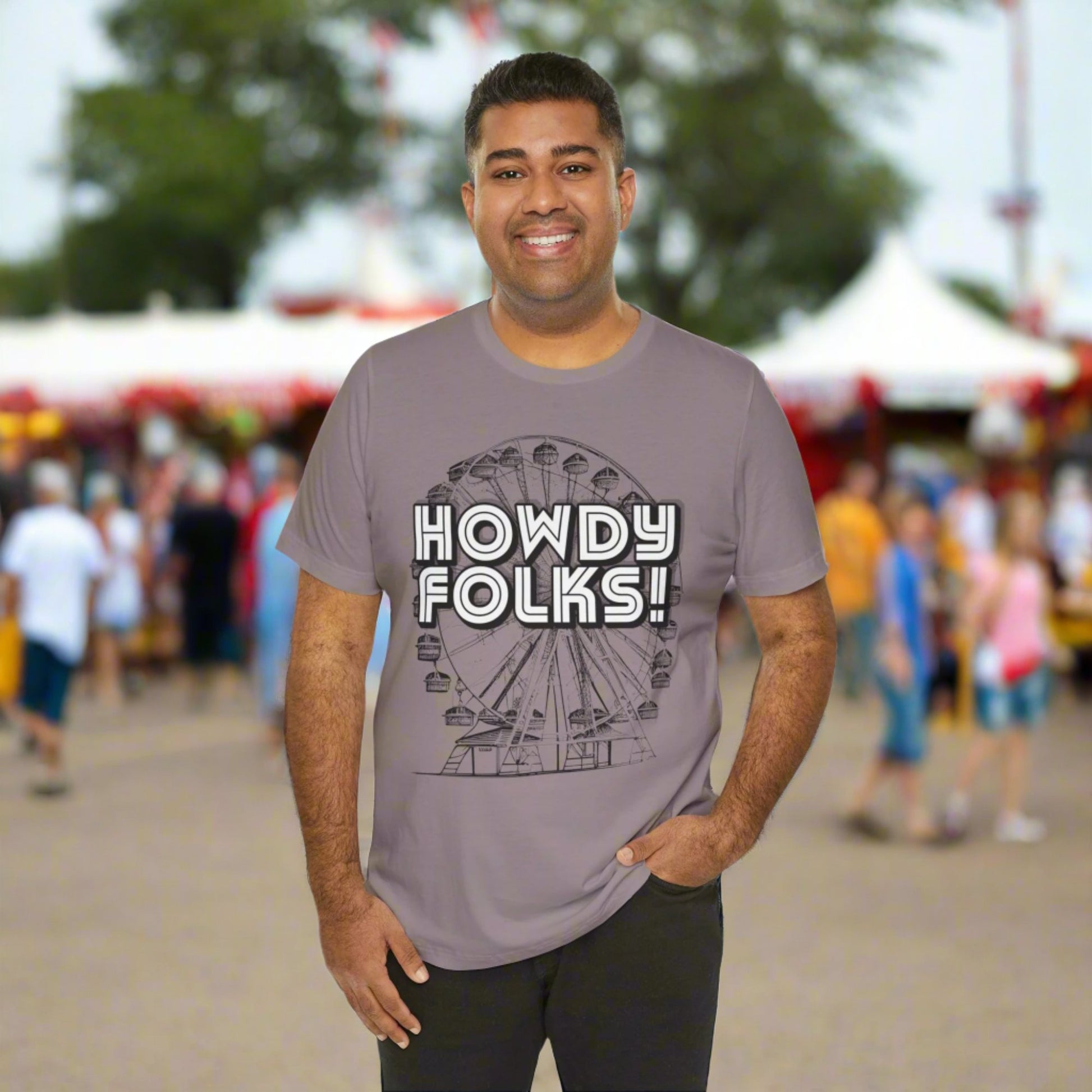 State Fair of TEXAS "Howdy Folks!'  adult shirt. This unisex tee features a retro graphic of a ferris wheel with the words Howdy Folks in large block letters. by jaecrece