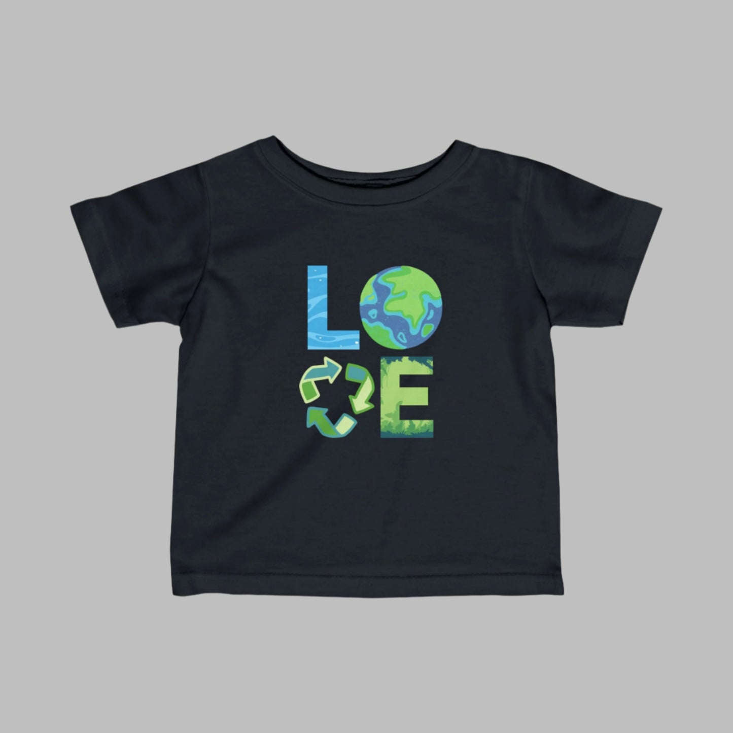 Image: A Love Earth Day shirt designed for babies and toddlers, featuring bold letters that each symbolize an element of nature. The L resembles flowing water, the O is designed as the Earth, the V represents the reduce reuse recycle symbol, and the E is shaped like plants and trees. This eco friendly tee is perfect for Earth Day celebrations, environmental events, and spreading awareness about sustainability and conservation, by jaecrece.