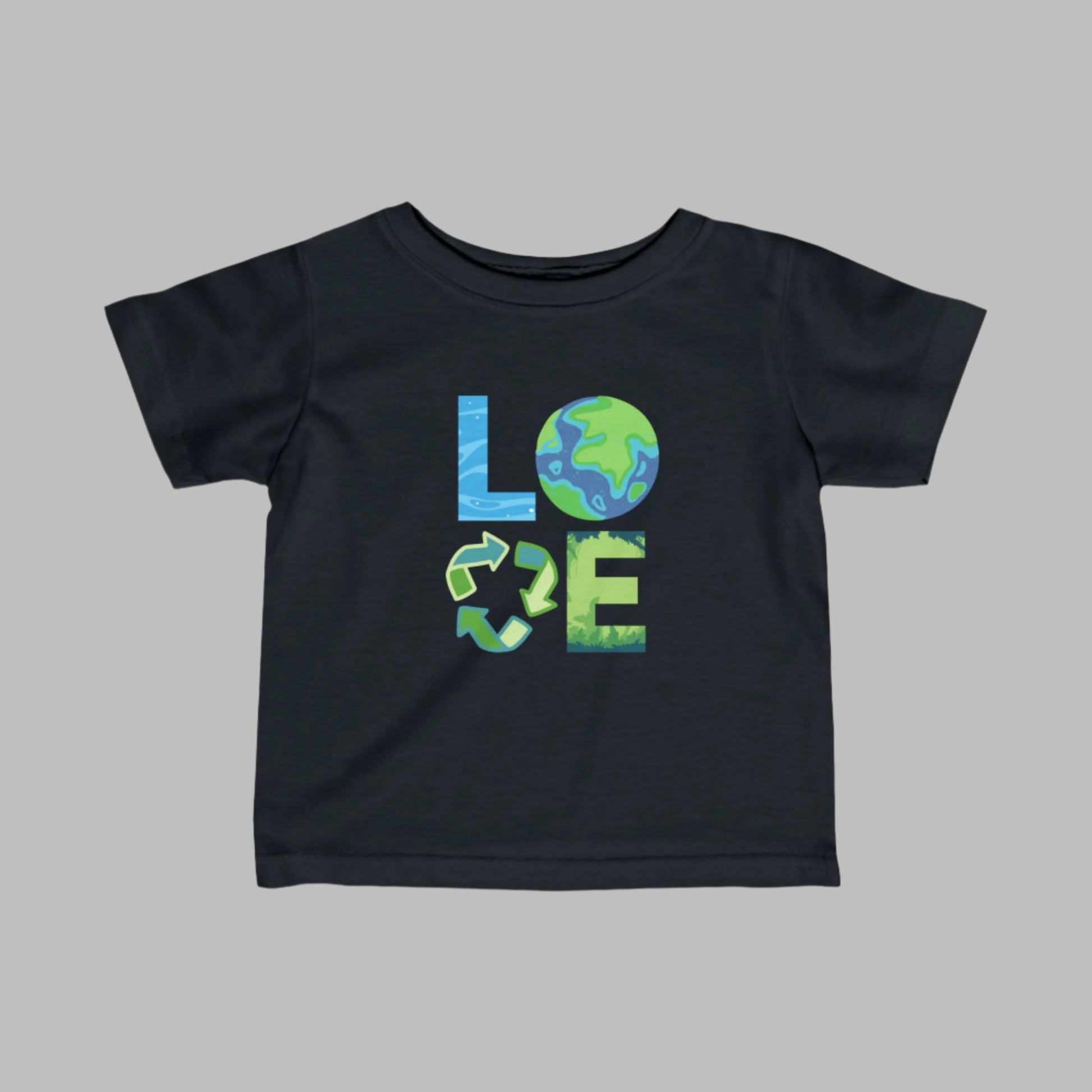 Image: A Love Earth Day shirt designed for babies and toddlers, featuring bold letters that each symbolize an element of nature. The L resembles flowing water, the O is designed as the Earth, the V represents the reduce reuse recycle symbol, and the E is shaped like plants and trees. This eco friendly tee is perfect for Earth Day celebrations, environmental events, and spreading awareness about sustainability and conservation, by jaecrece.