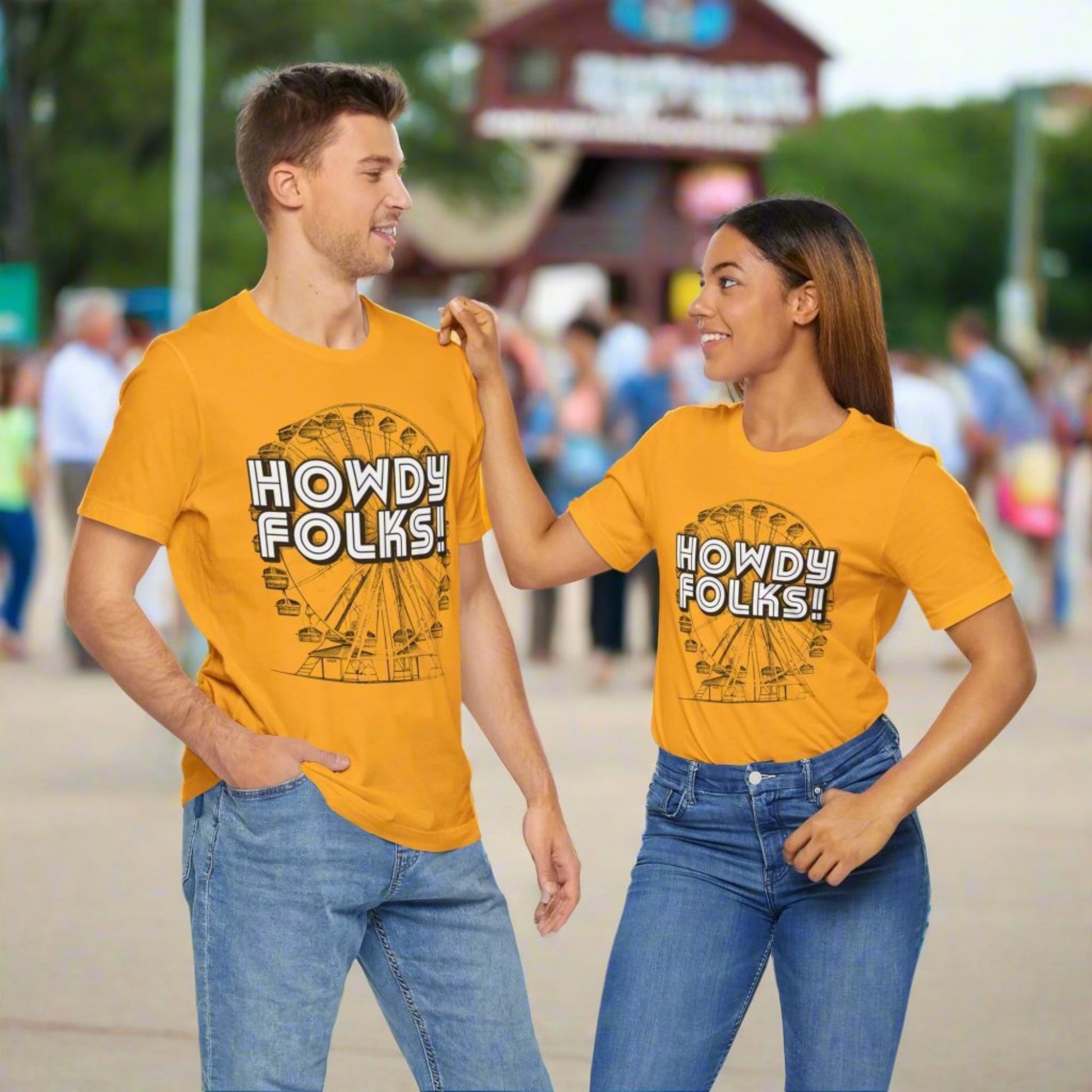 State Fair of TEXAS "Howdy Folks!'  adult shirt. This unisex tee features a retro graphic of a ferris wheel with the words Howdy Folks in large block letters. by jaecrece