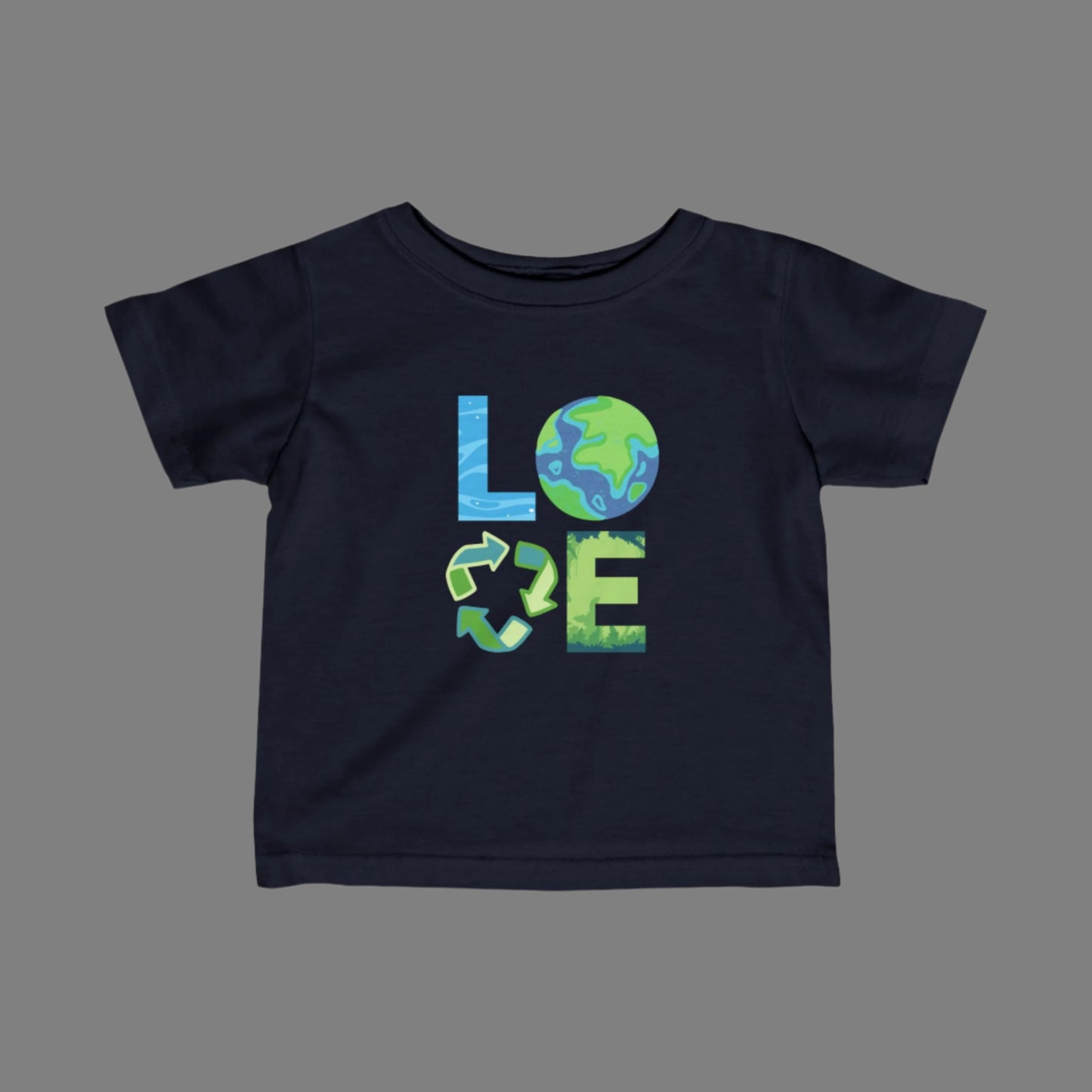 Image: A Love Earth Day shirt designed for babies and toddlers, featuring bold letters that each symbolize an element of nature. The L resembles flowing water, the O is designed as the Earth, the V represents the reduce reuse recycle symbol, and the E is shaped like plants and trees. This eco friendly tee is perfect for Earth Day celebrations, environmental events, and spreading awareness about sustainability and conservation, by jaecrece.