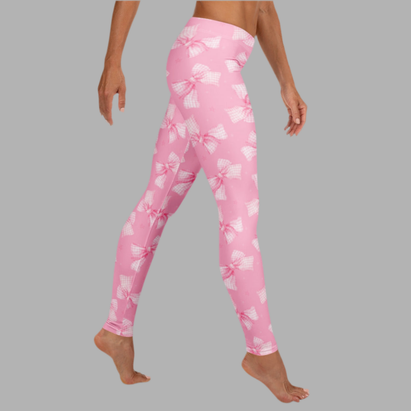 Image: Coquette bow leggings for women in light pink with tiny bows. Designed for comfort and cuteness, this piece offers a stylish option for women who love soft colors and playful prints. Great for gifting, everyday wear, or coordinating with a matching child’s pair, by jaecrece.