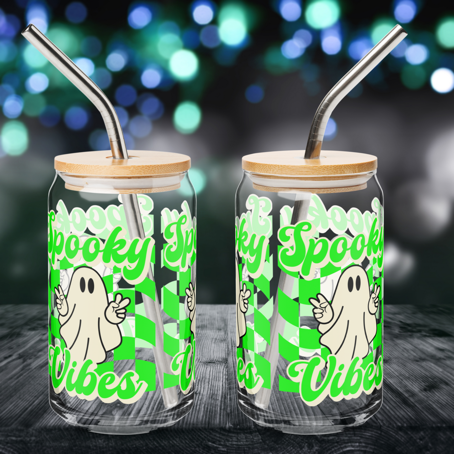 Spooky Vibes ghost tumbler stands out with its bright green checkerboard pattern and cute ghost design. A charming gift for spooky season, this reusable 16 oz Halloween glass cup is ideal for cold brew, tea, or party drinks. Add flair to your fall coffee bar or home kitchen with this stylish seasonal sipper.