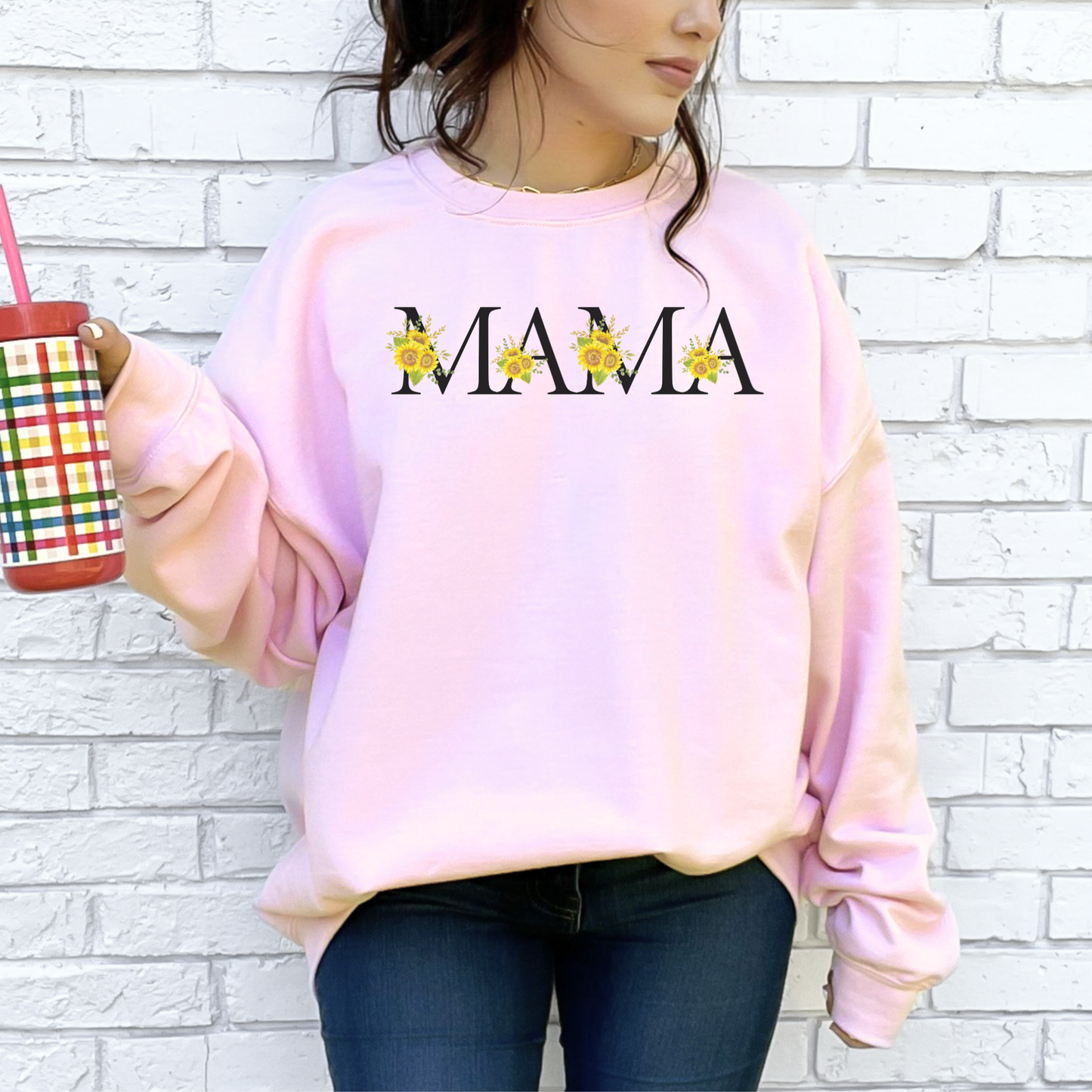 Image: MAMA sunflower tshirt, available in white, light pink and ash. This pullover crewneck features the word MAMA in large black block letters with sunflower calligraph accent. A great baby announcement gift or Mothers day present by jaecrece