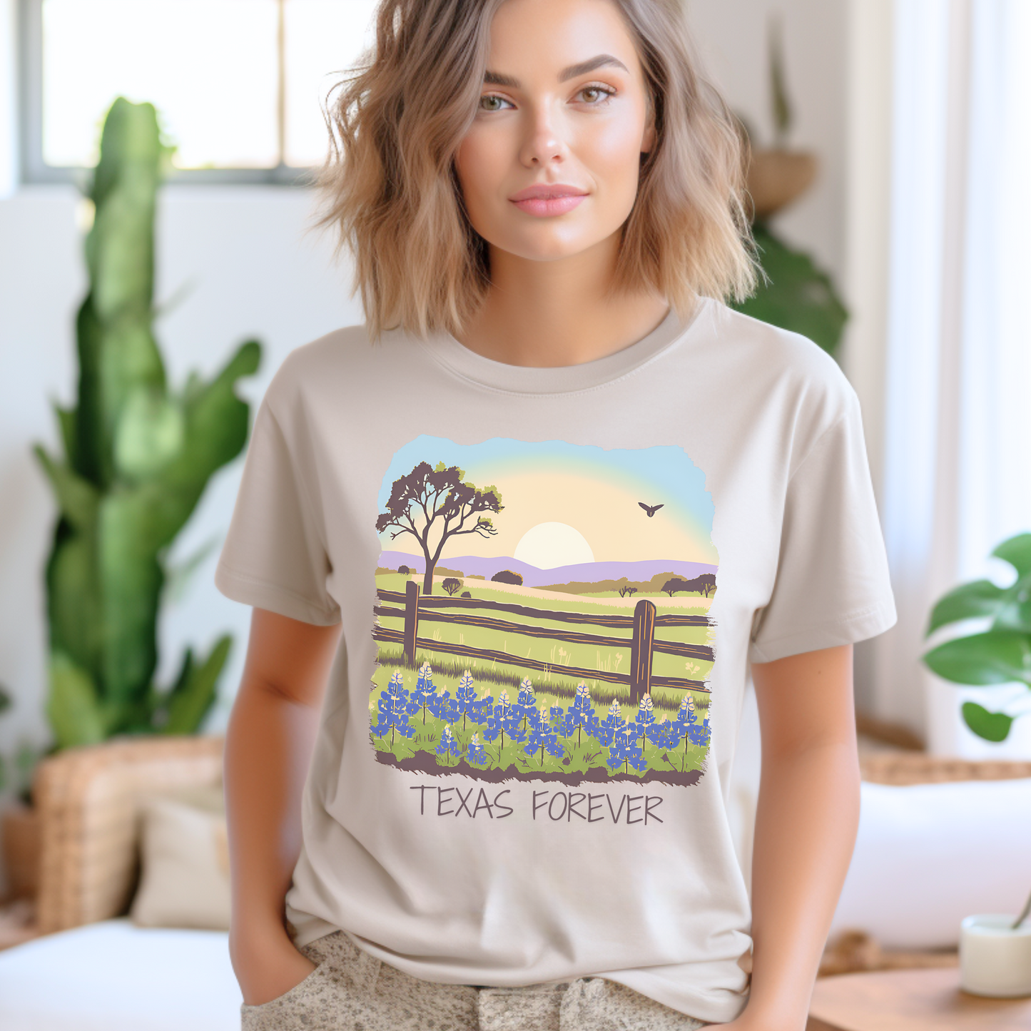 Image: A soft and stylish T-shirt showcasing a stunning Texas landscape with bluebonnets stretching across rolling hills under a fiery sunset sky. The phrase "Texas Forever" is printed across the design, making it an ideal statement piece for anyone who loves Texas. Whether heading to a rodeo, a state fair, or a country concert, this tee embodies Texas pride. A thoughtful and unique gift for native Texans or those who just love the Lone Star State, by jaecrece.