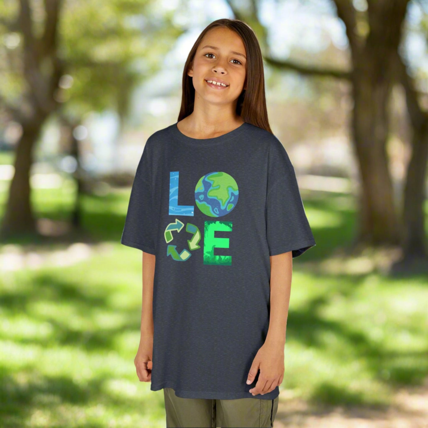 Image: A Love Earth Day shirt designed for kids and adults, featuring bold letters that each symbolize an element of nature. The L resembles flowing water, the O is designed as the Earth, the V represents the reduce reuse recycle symbol, and the E is shaped like plants and trees. This eco friendly tee is perfect for Earth Day celebrations, environmental events, and spreading awareness about sustainability and conservation, by jaecrece.