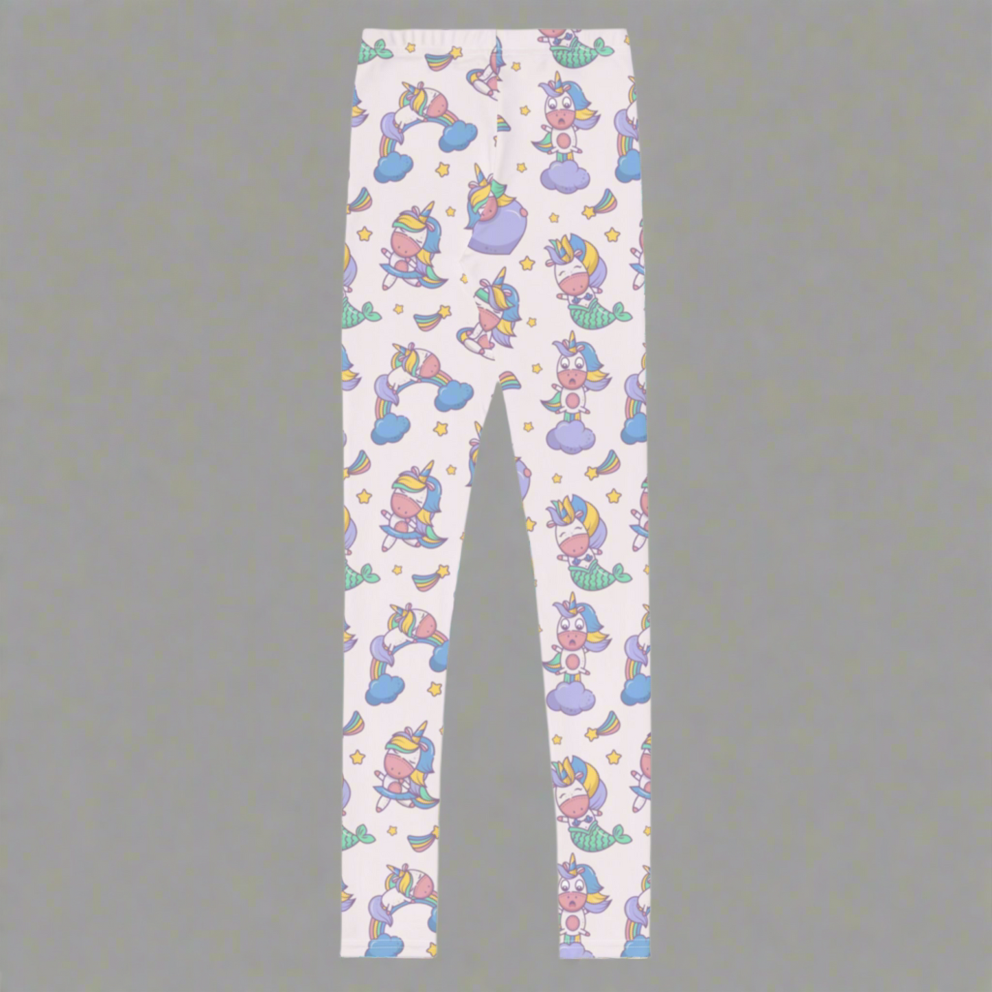 Image: Unicorn Mermaid Kawaii Girls Leggings. These pastel pink yoga pants feature a cute pattern graphic of Unicorn mermaids, stars and rainbows. The perfect birthday present, Christmas gift, school outfit for toddlers, tweens and teens, by jaecrece