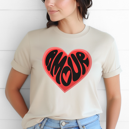 Amour Love Women’s T-shirt, available in sizes XS–5XL, features a bold heart with the French word "Amour" and a coquette-inspired design perfect for Valentine’s Day. This Paris-themed tee is great for moms, wives, or Galentine’s celebrations, and makes a thoughtful gift for Francophile women. Soft and stylish, it’s ideal for matching with your mini or for casual Paris vacation outfits. A romantic and trendy shirt for women who love French fashion.