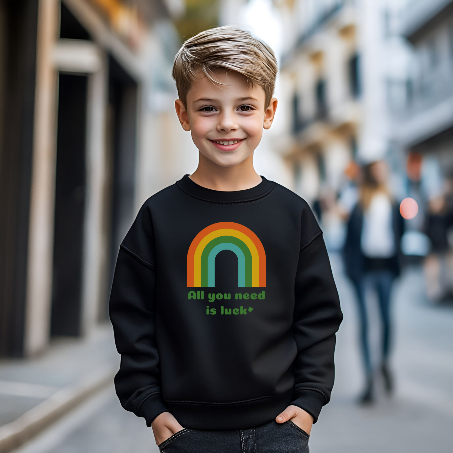 Image: All You Need is Luck St Patricks Day Sweatshirt for Toddlers Girls and Tweens. This crewneck pullover features a retro rainbow, the text All You Need is Luck and a four leaf clover. Available in white, black and gray, by jaecrece