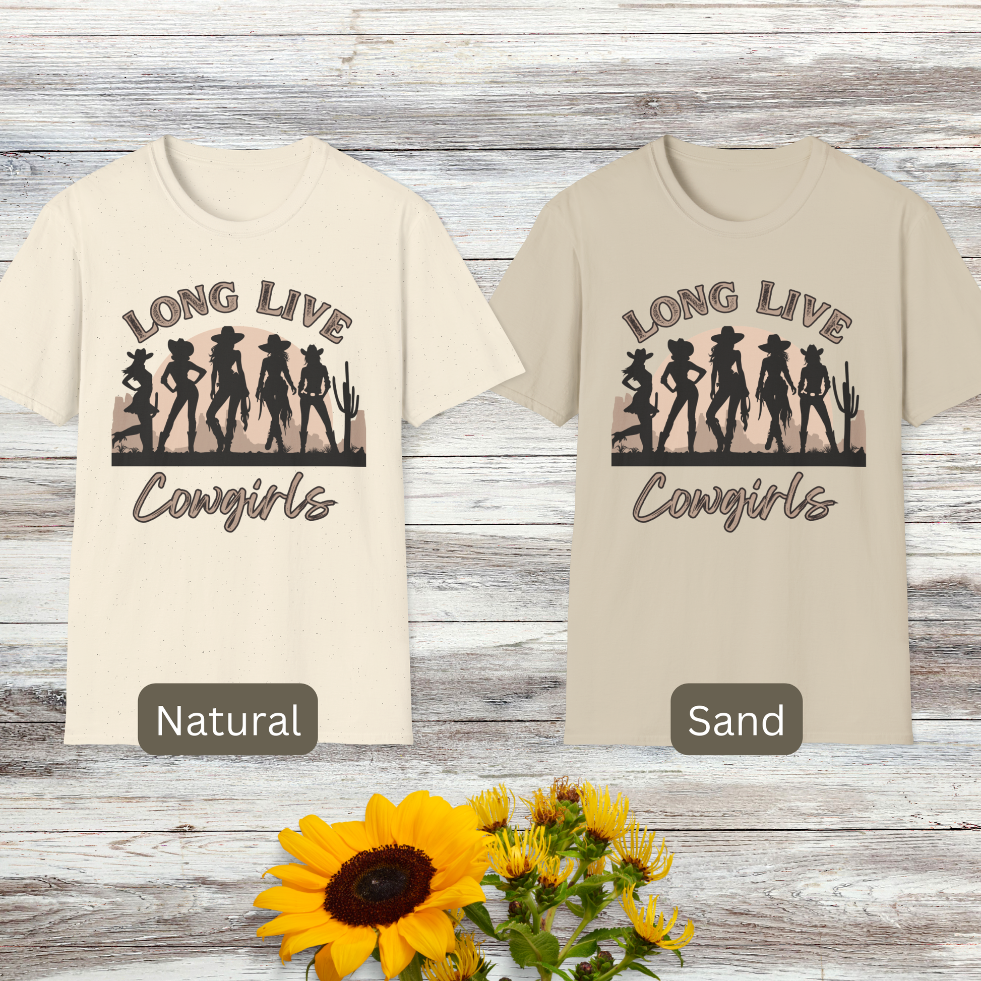 Image: A soft, oversized country tee with Long Live Cowgirls printed above five bold cowgirl figures, bringing vintage western style to life. The relaxed fit and earthy tones make it the perfect choice for music festivals, rodeos, and everyday country wear. Whether you are a true western spirit or just love rustic fashion, this shirt blends comfort and charm effortlessly, by jaecrece.