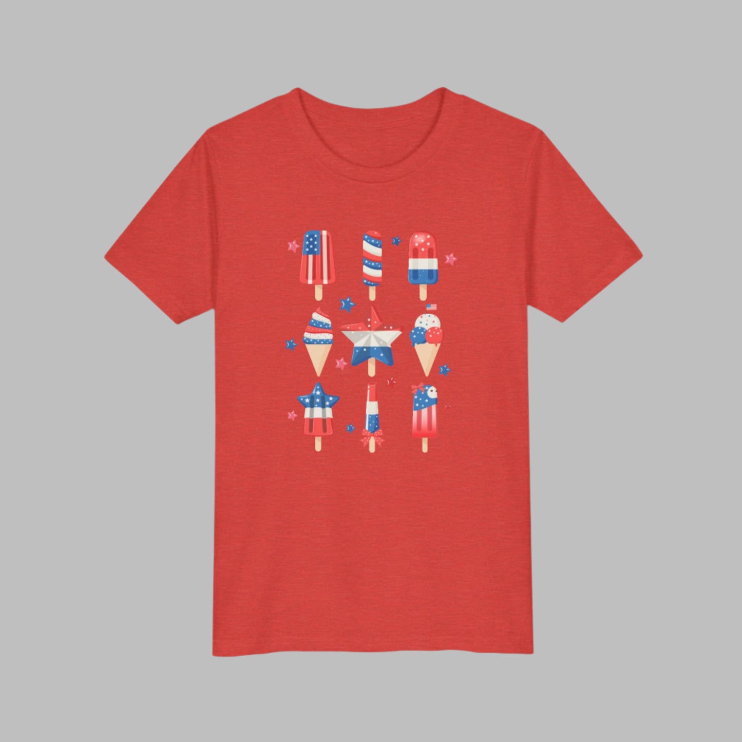 Image: Celebrate summer freedom in style with this red white and blue popsicle shirt for children. Offered in sizes S to XL, this playful tee is perfect for 4th of July and Memorial Day festivities. Whether matched with siblings or worn solo, this patriotic top brings cheer and comfort to any child ready to enjoy a sunny day of celebration, by jaecrece.