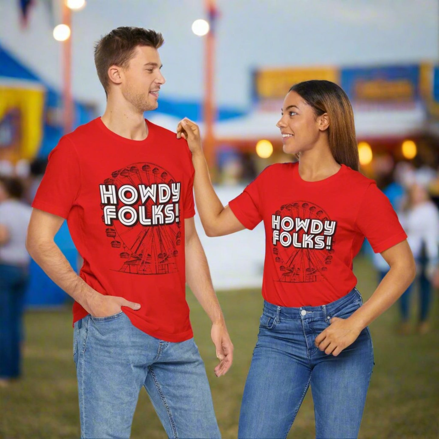 State Fair of TEXAS "Howdy Folks!'  adult shirt. This unisex tee features a retro graphic of a ferris wheel with the words Howdy Folks in large block letters. by jaecrece