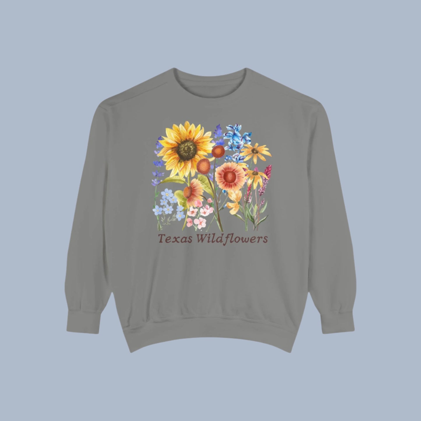 Texas wildflower fleece sweatshirt for women featuring pastel illustrations of bluebonnets and Indian paintbrush. This spring-ready pullover brings vintage floral charm to your everyday wardrobe. Breathable and stylish, it’s the perfect layer for flower photography, farmers markets, or seasonal strolls. A cute and cozy option for those who love Southern fashion and botanical design.