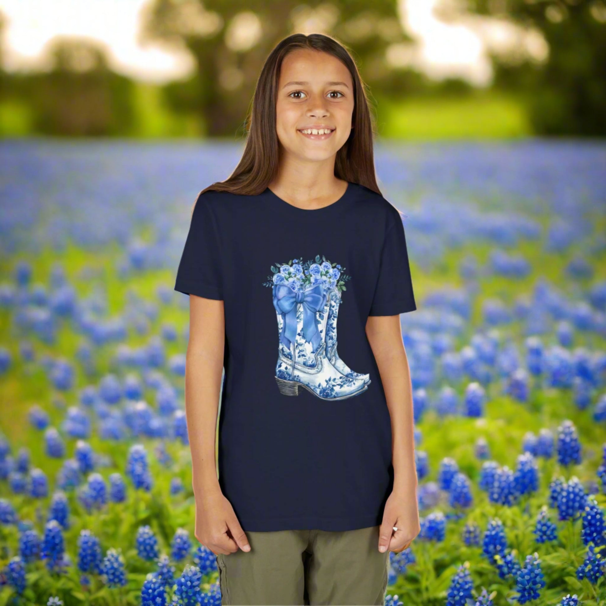 Image: Blue Toile Boots and Bows shirt in sizes for girls and toddlers. This pullover shirt features a pair of coastal cowgirl aesthetic cowboy boots with a blue bow and blue wildflowers. This country themed sweater makes a perfect gift for your daughter, or for the boujee mama in your life, by jaecrece